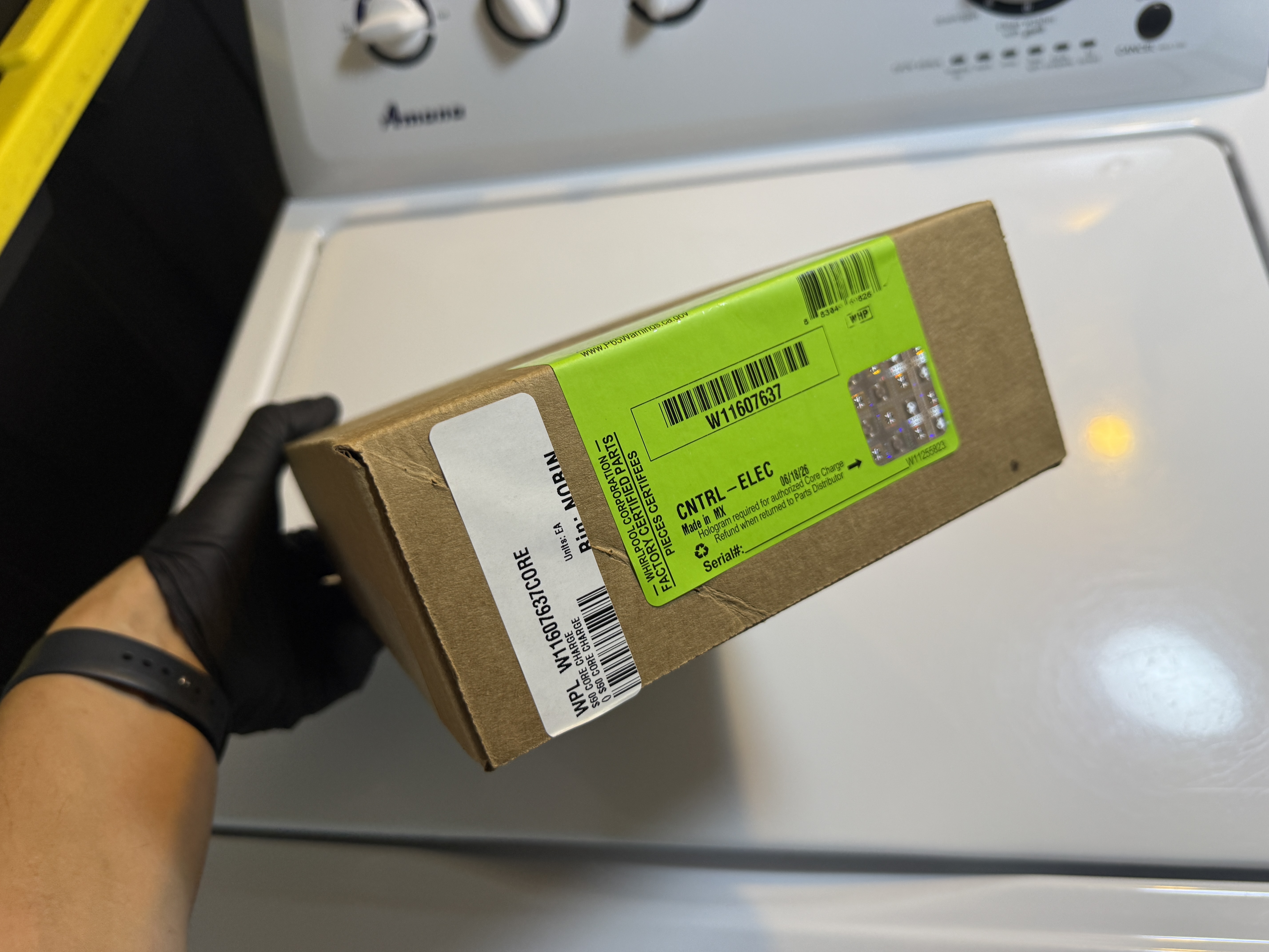 New Whirlpool control board, part W11607637, in its box