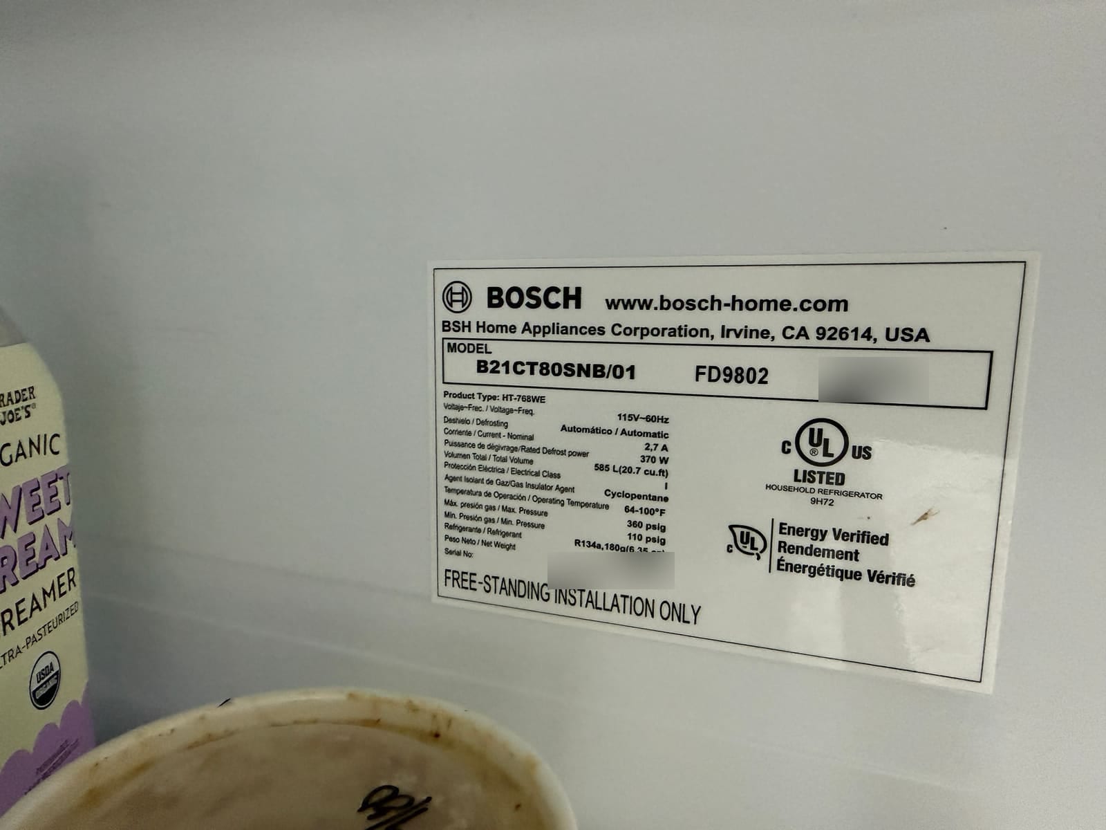 Bosch data plate showing model B21CT80SNB/01