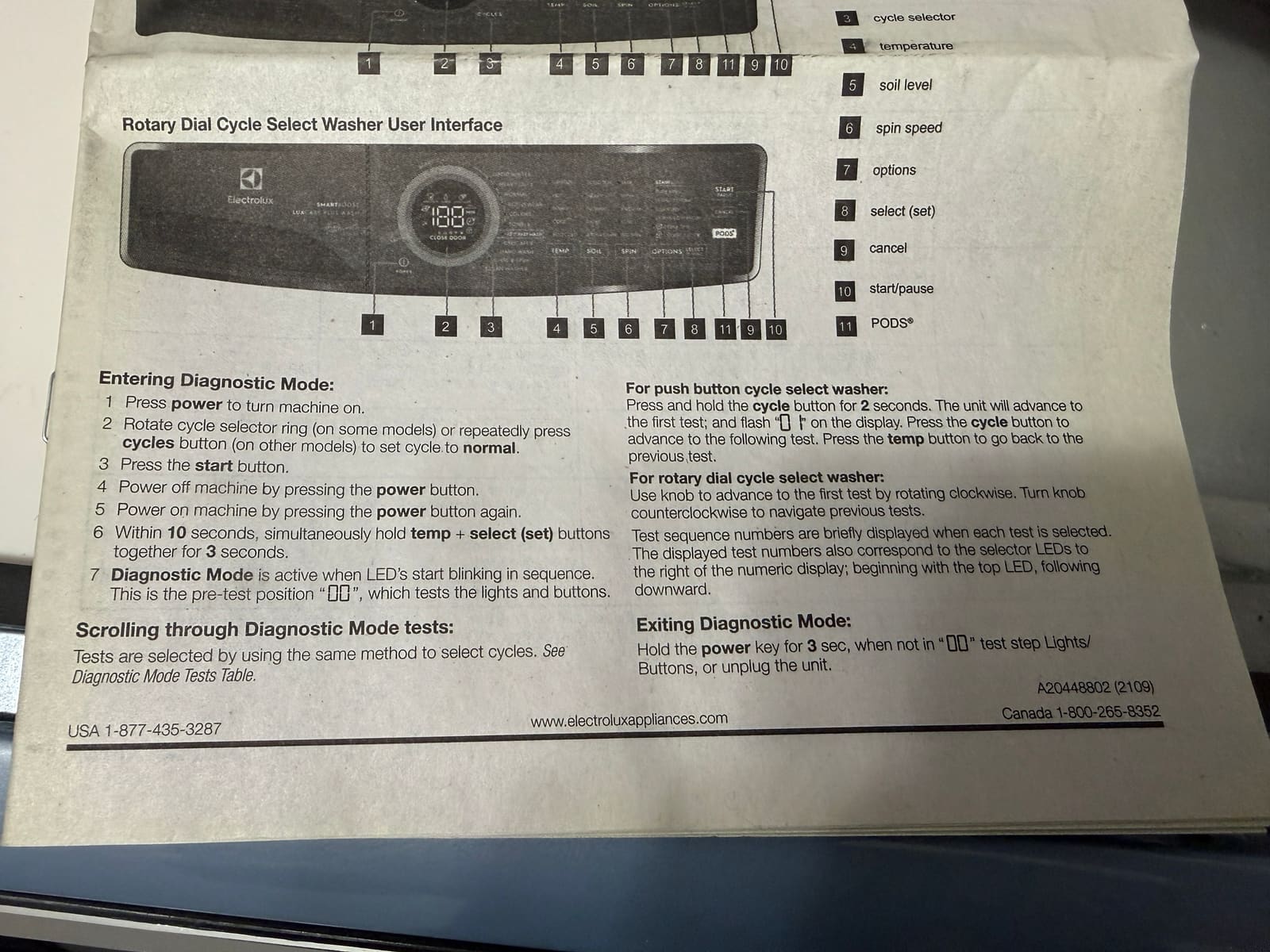 Electrolux washer tech sheet page with the steps for entering, scrolling through and exiting diagnostic mode