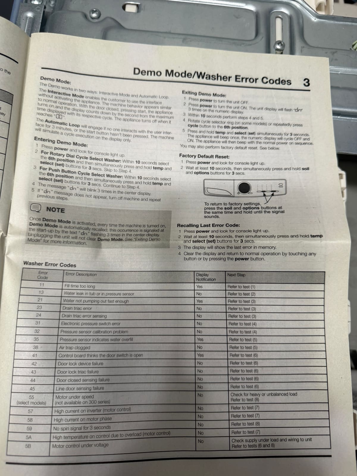 Electrolux washer tech sheet with the washer error code table, listing error 11 as fill time too long