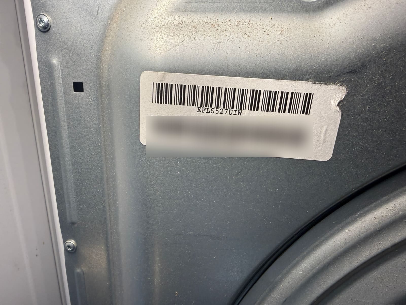 Electrolux washer label showing model EFLS527UIW