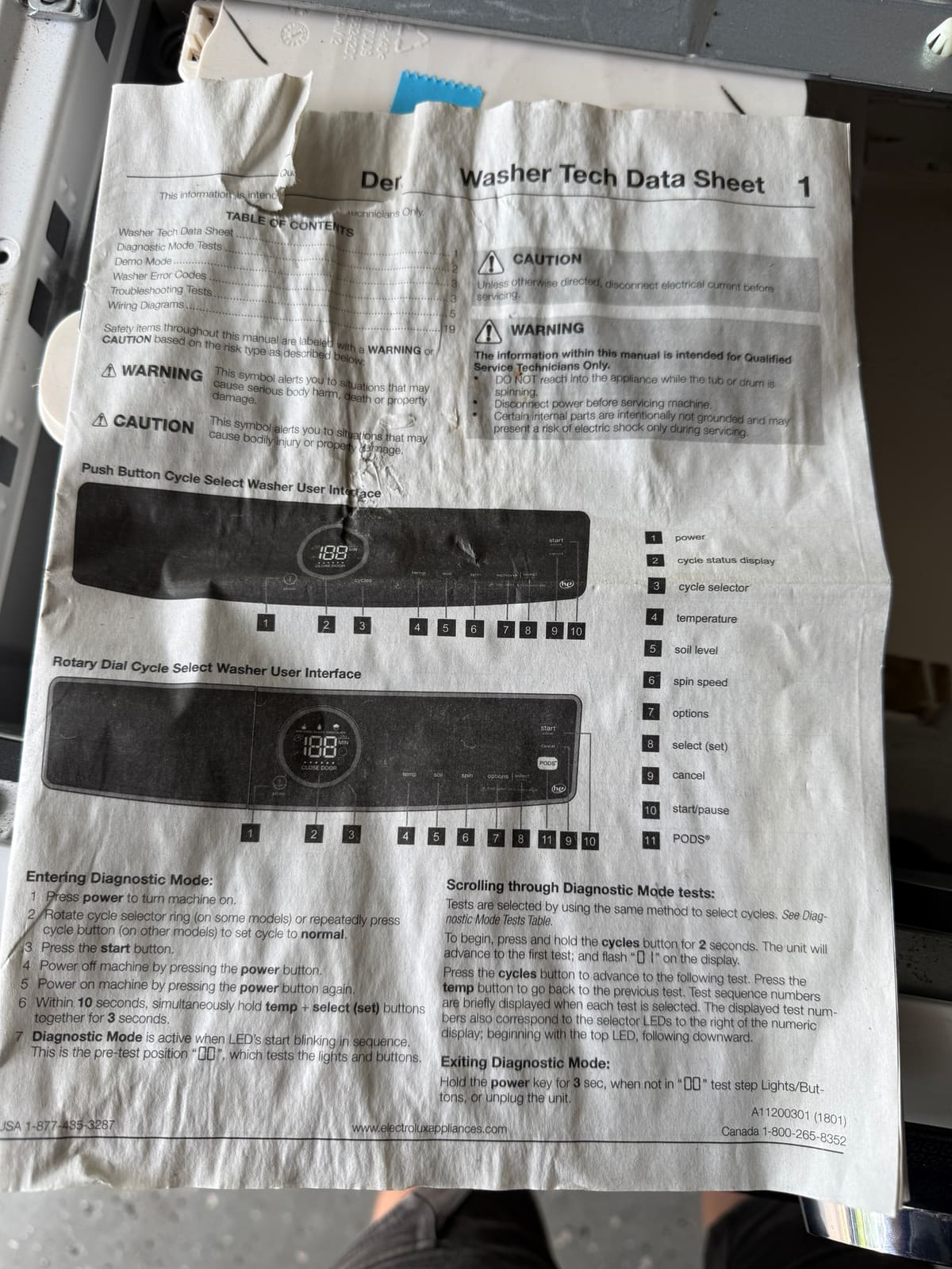 Electrolux washer tech data sheet page showing how to enter diagnostic mode