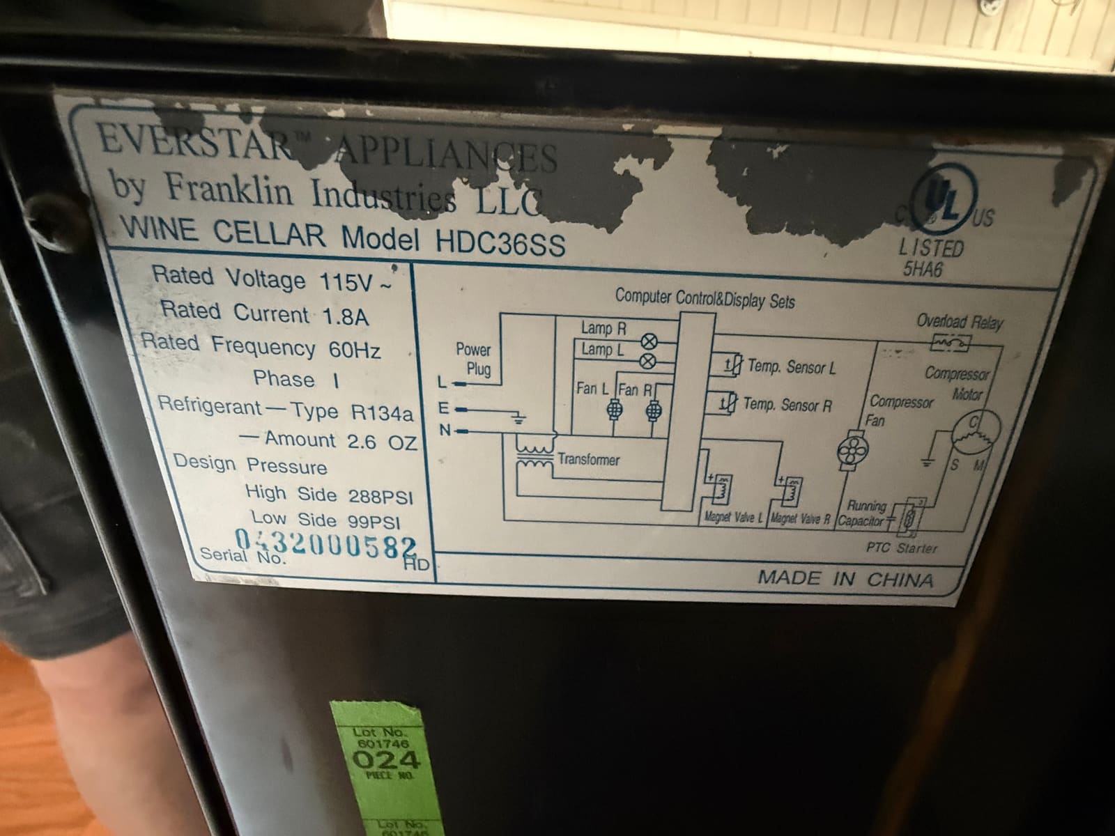 Everstar Wine Cellar data plate showing model HDC36SS