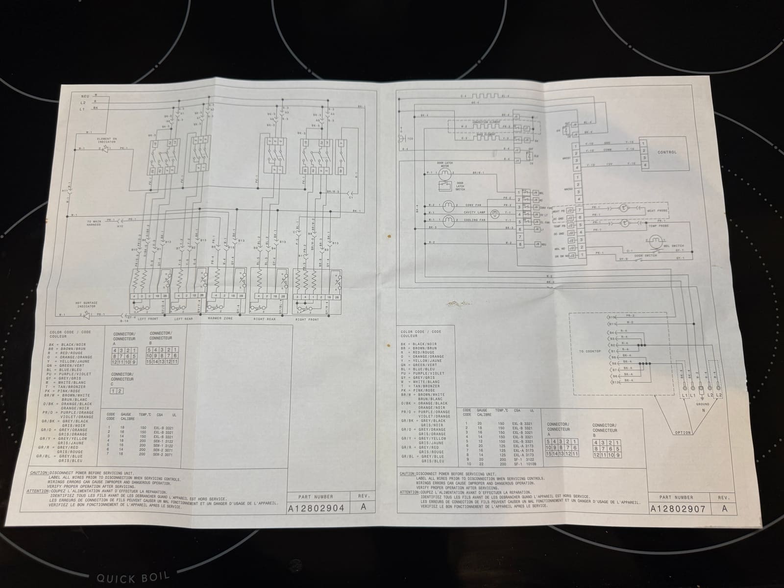 Frigidaire electric range wiring diagrams for the cooktop elements and the oven control, part numbers A12802904 and A12802907