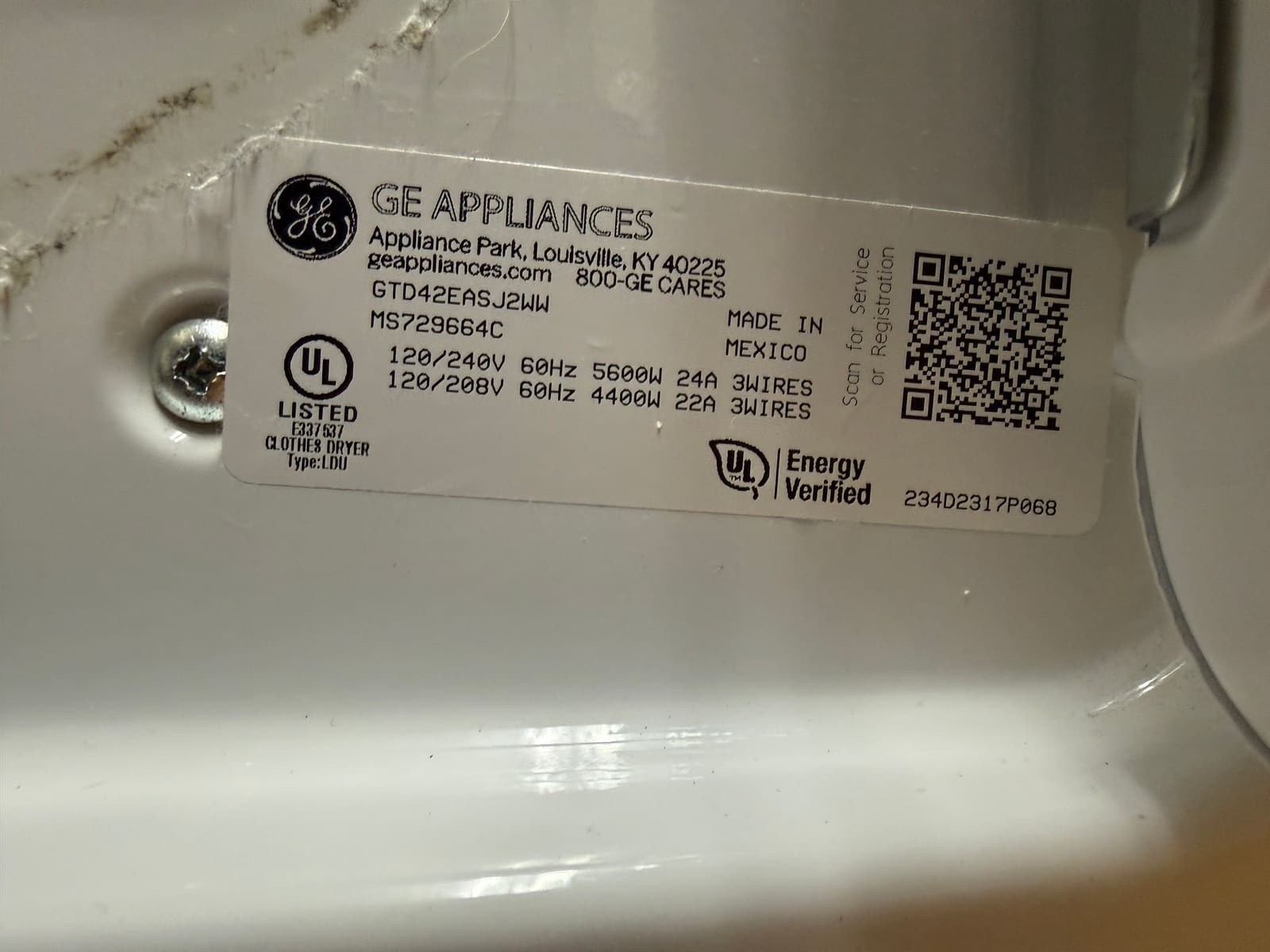 GE dryer model and serial tag, model GTD42EASJ2WW