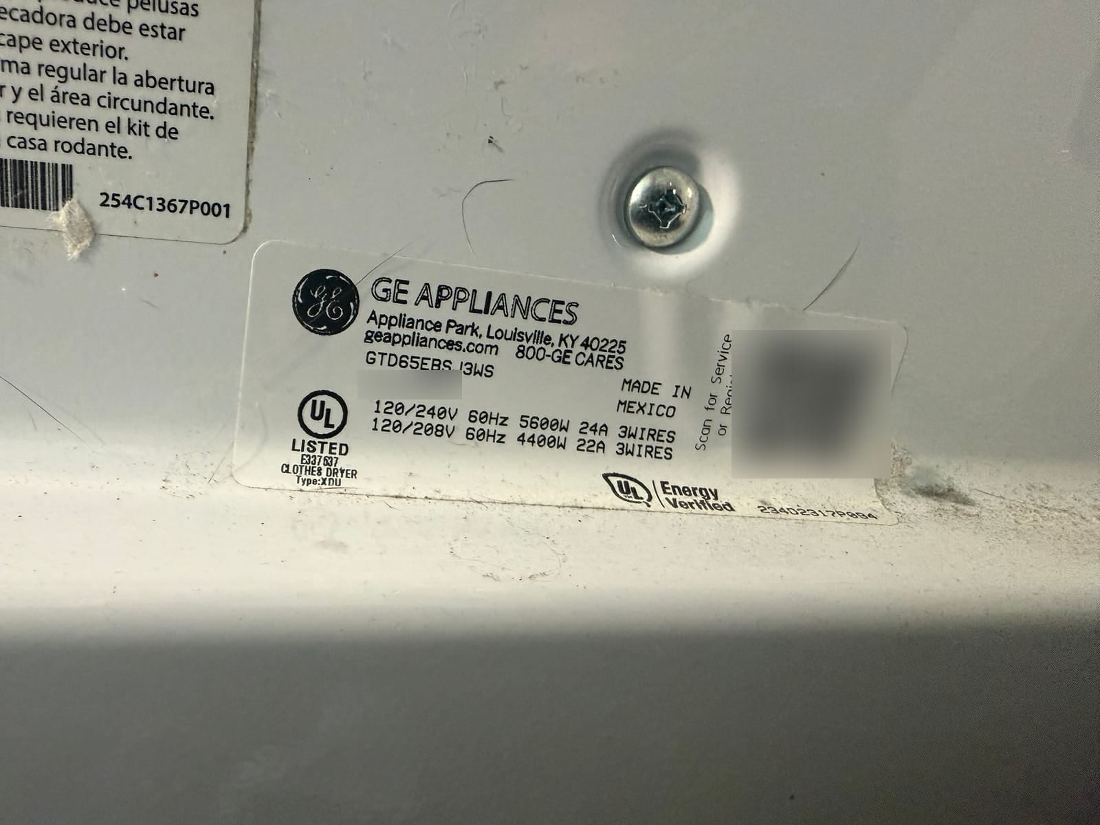 GE Appliances data plate showing dryer model GTD65EBSJ3WS