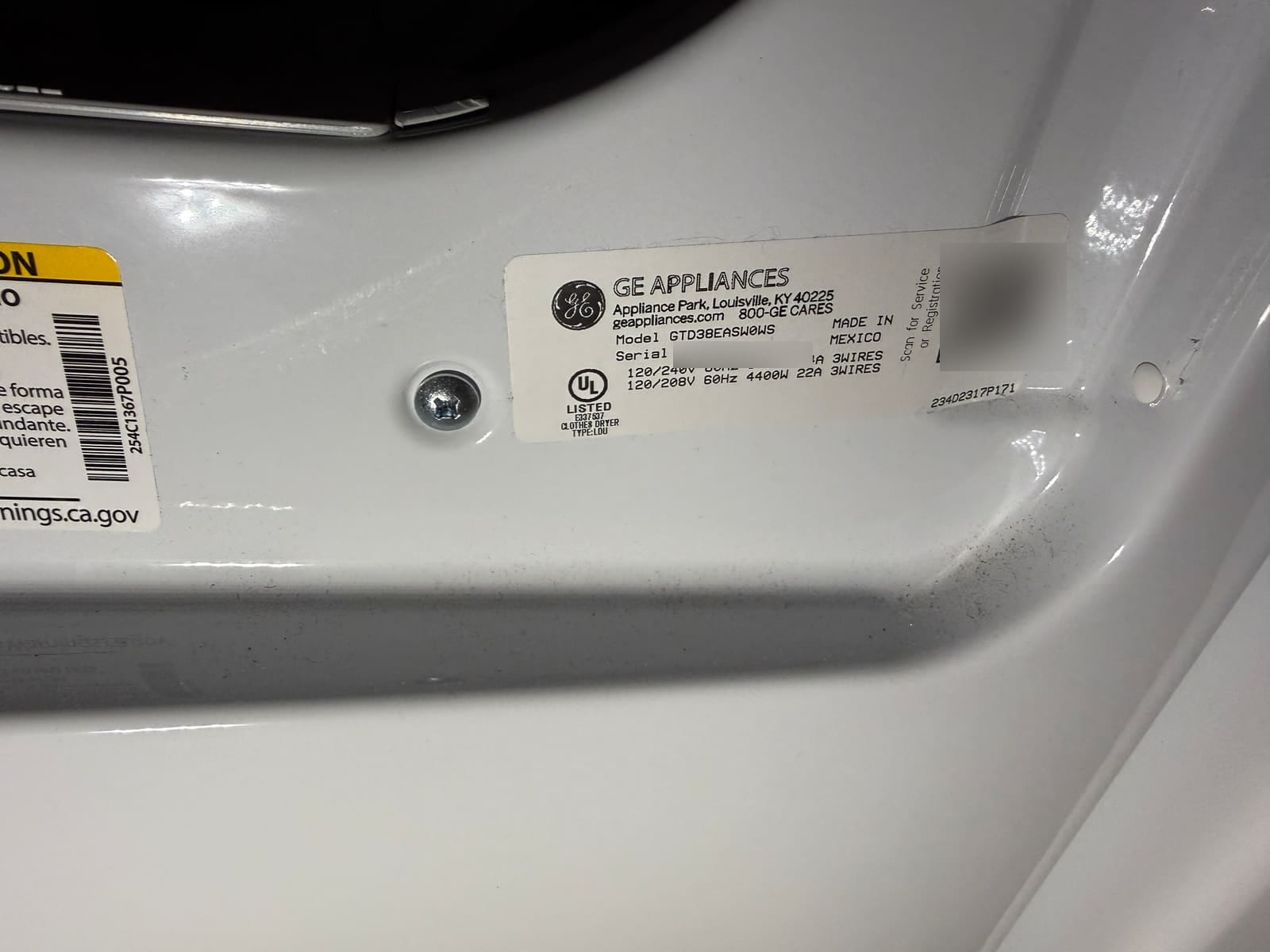 GE Appliances data plate showing dryer model GTD38EASW0WS