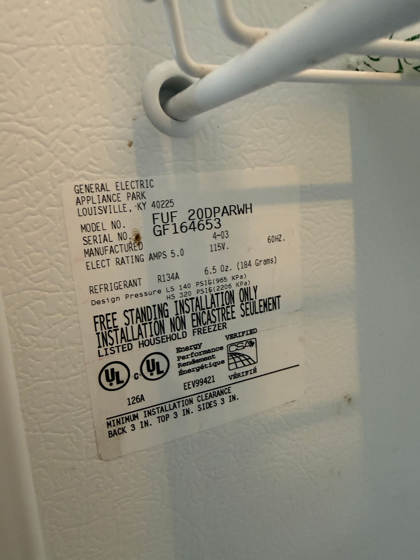 GE freezer model and serial tag, model FUF20DPARWH
