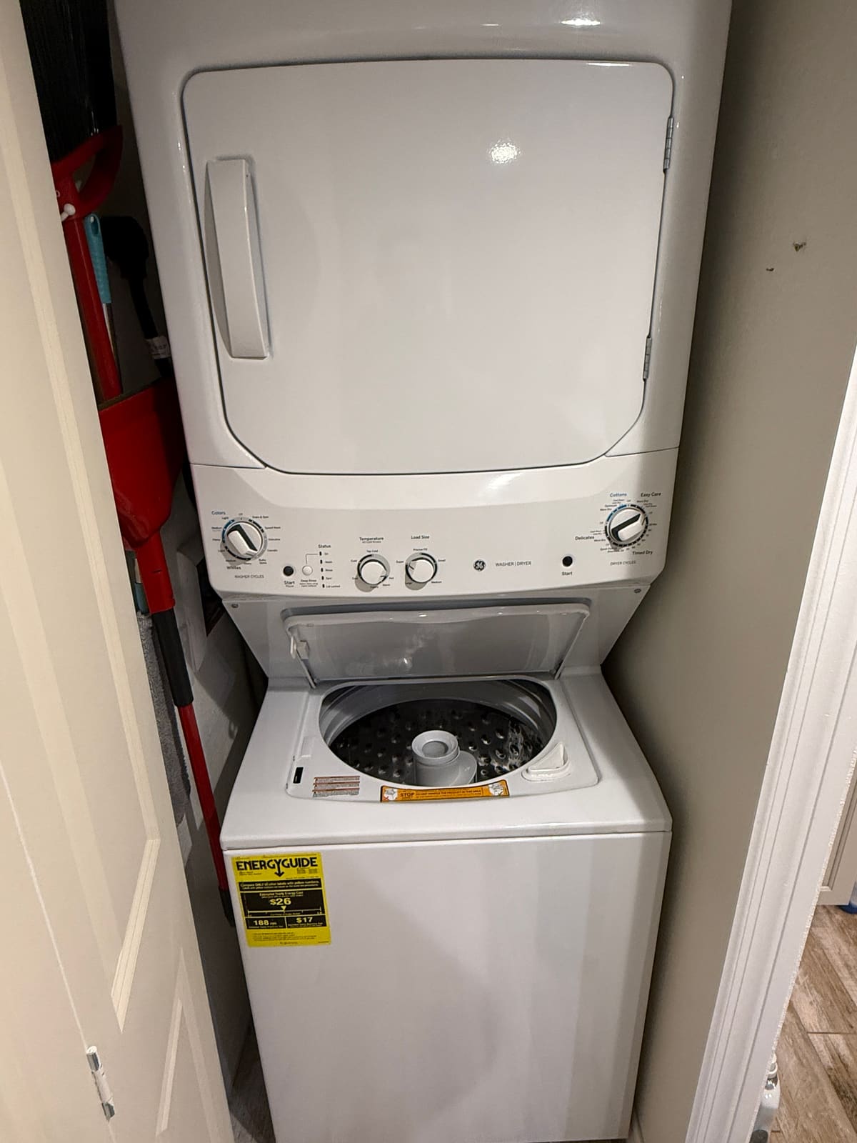 GE stacked washer and dryer laundry center in a closet in Tarpon Springs