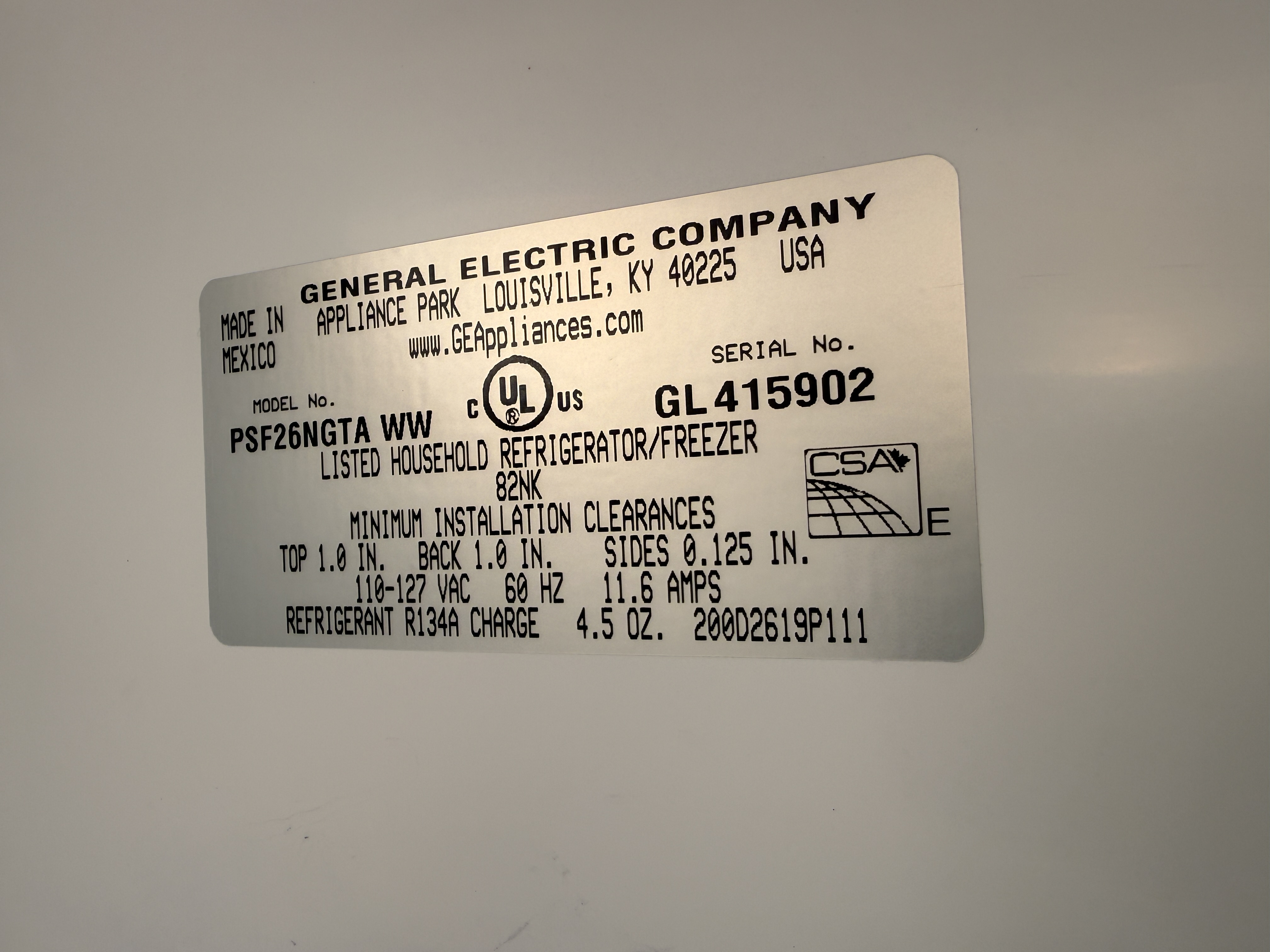 GE refrigerator model and serial tag, model PSF26NGTA WW