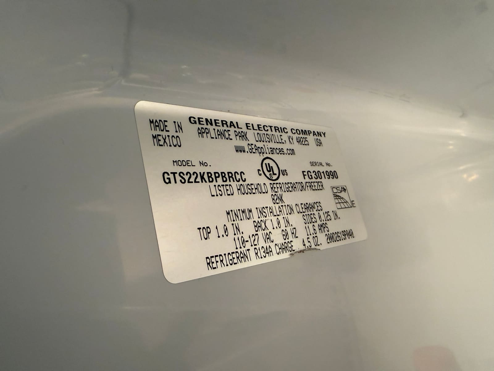 GE data plate showing model GTS22KBPBRCC