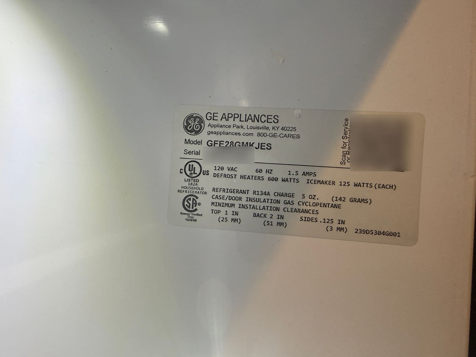 GE Appliances data plate showing refrigerator model GFE28GMKJES