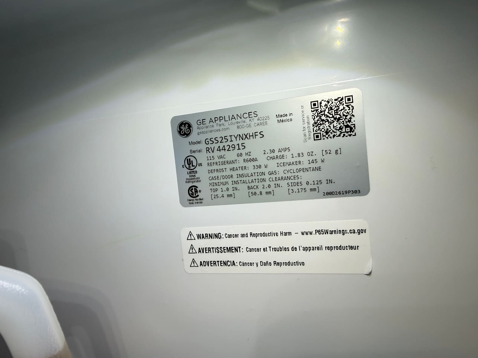 GE Appliances data plate showing model GSS25IYNXHFS