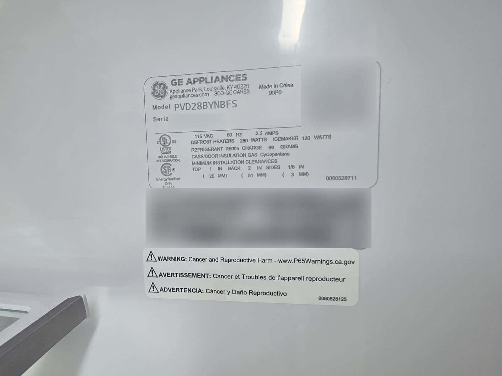 GE Appliances data plate showing model PVD28BYNBFS
