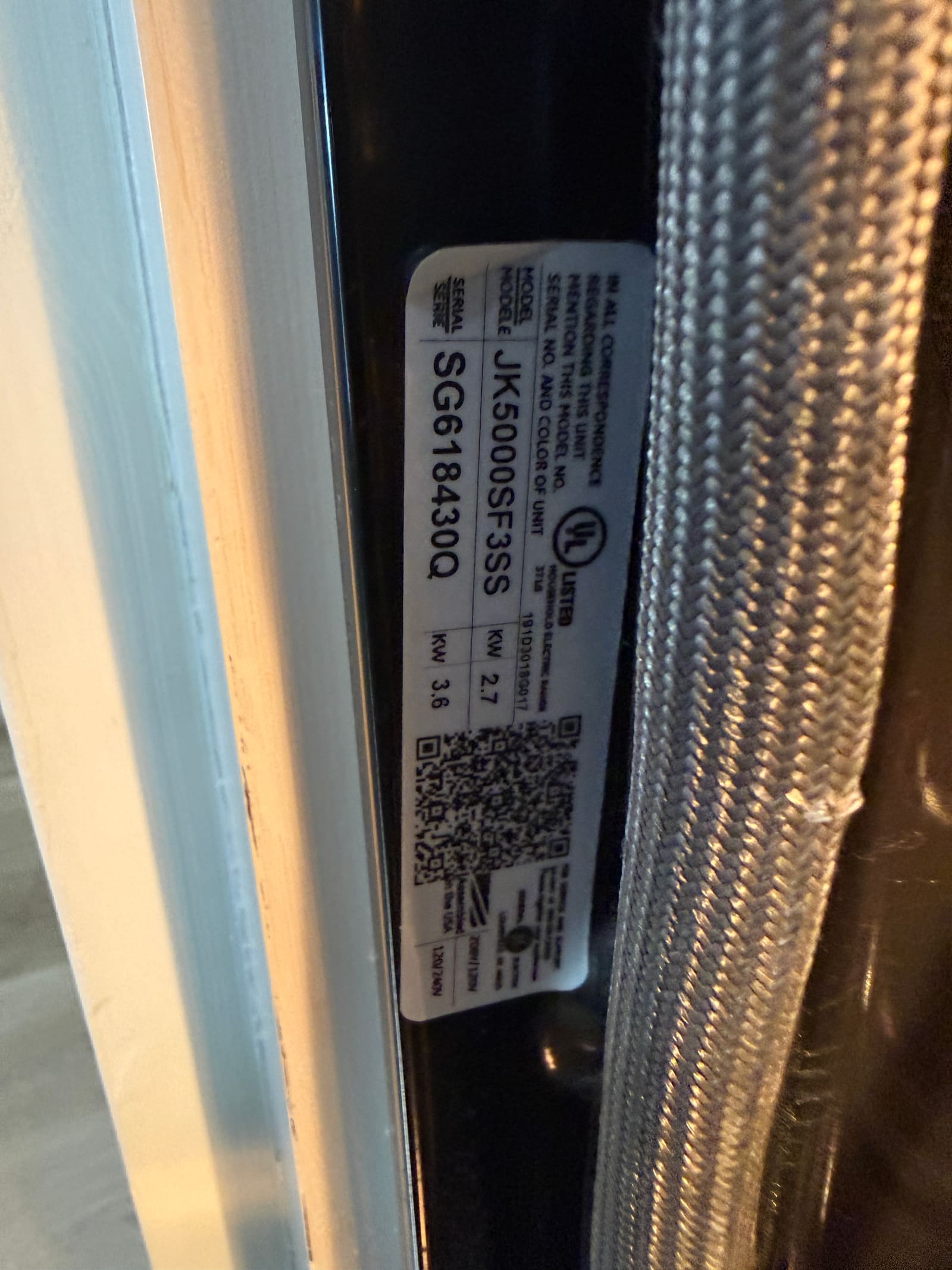 GE wall oven model and serial tag, model JK5000SF3SS