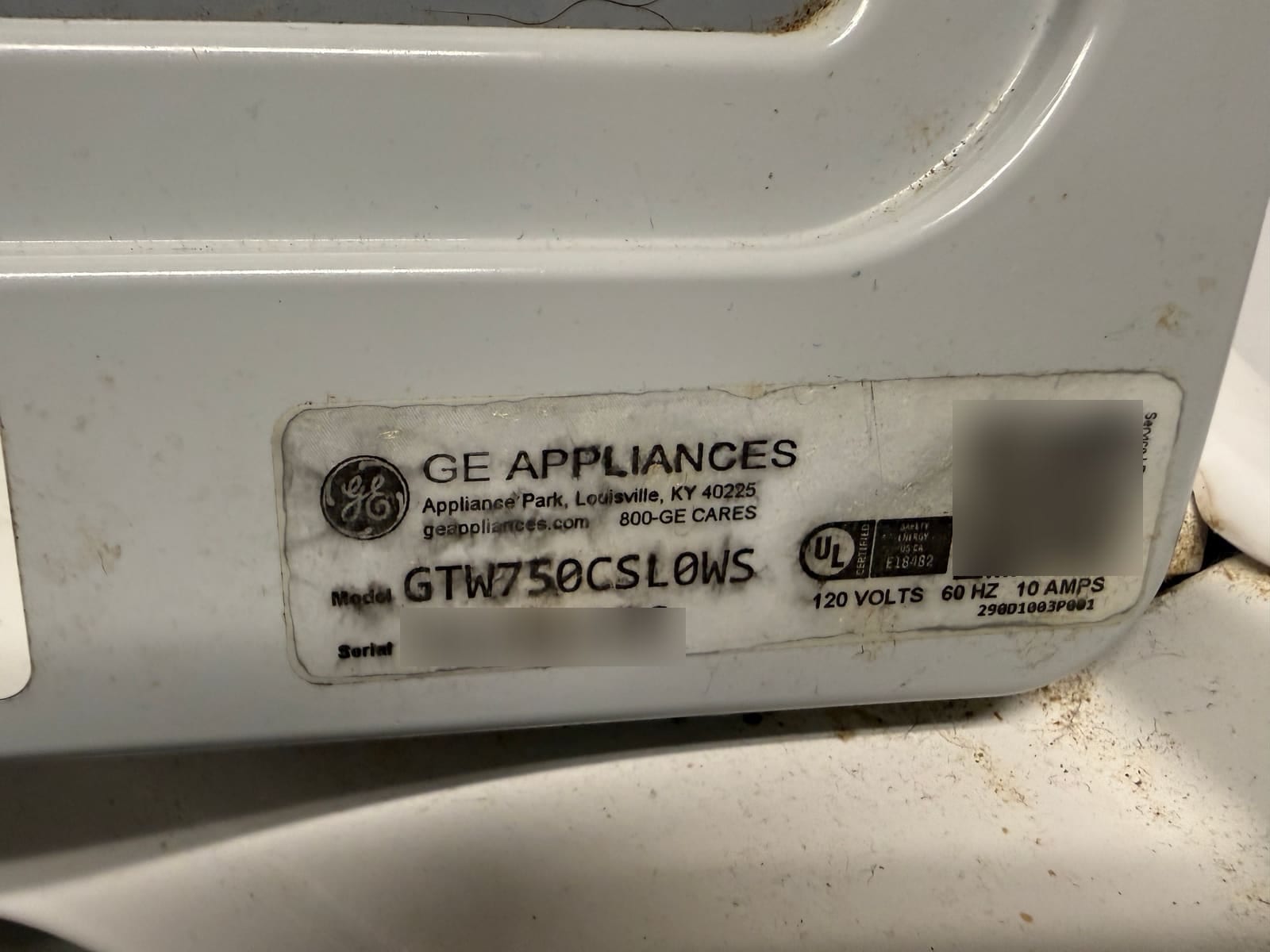 GE Appliances data plate showing model GTW750CSL0WS