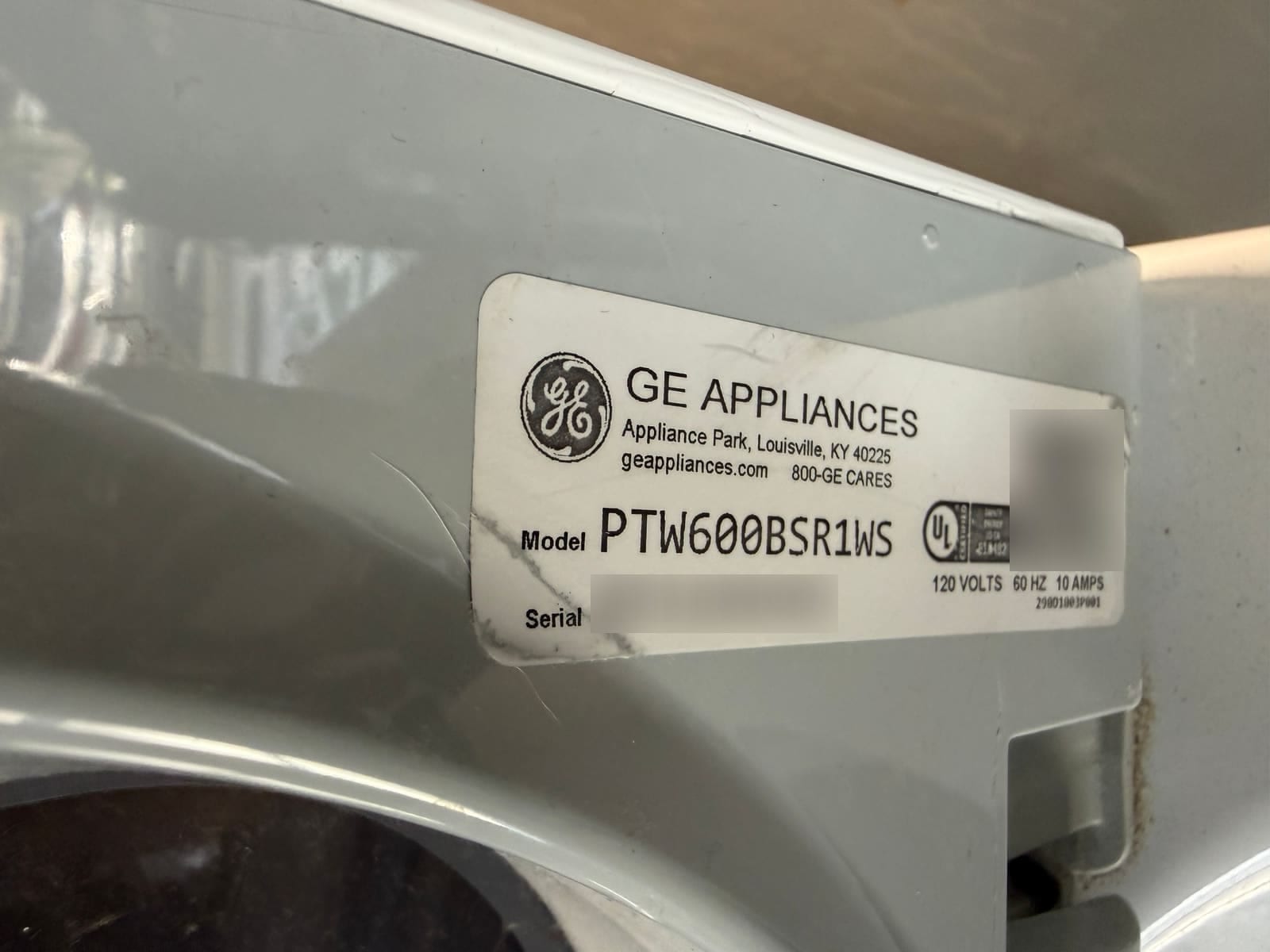GE Appliances data plate showing model PTW600BSR1WS