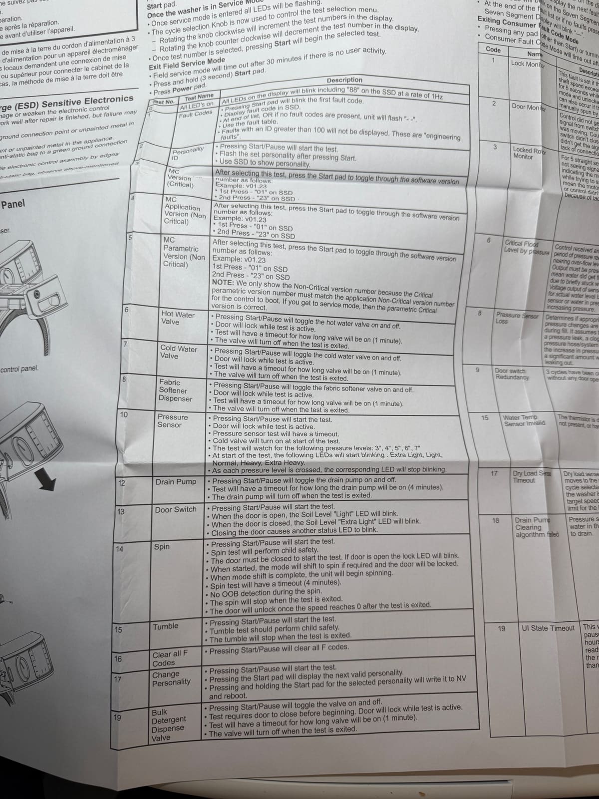 GE front-load washer tech sheet showing the field service mode test list
