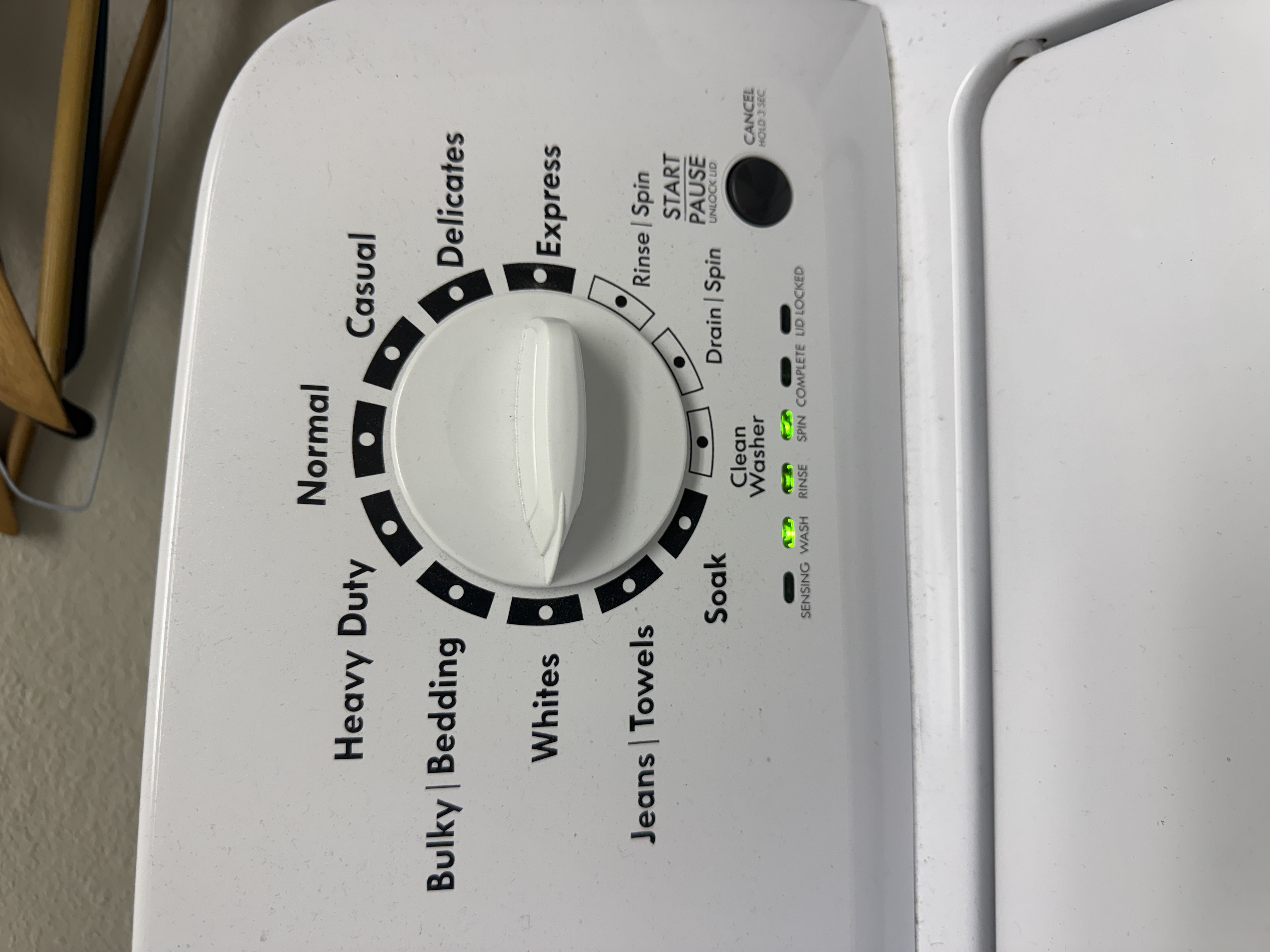 Kenmore washer control panel showing the test mode status lights