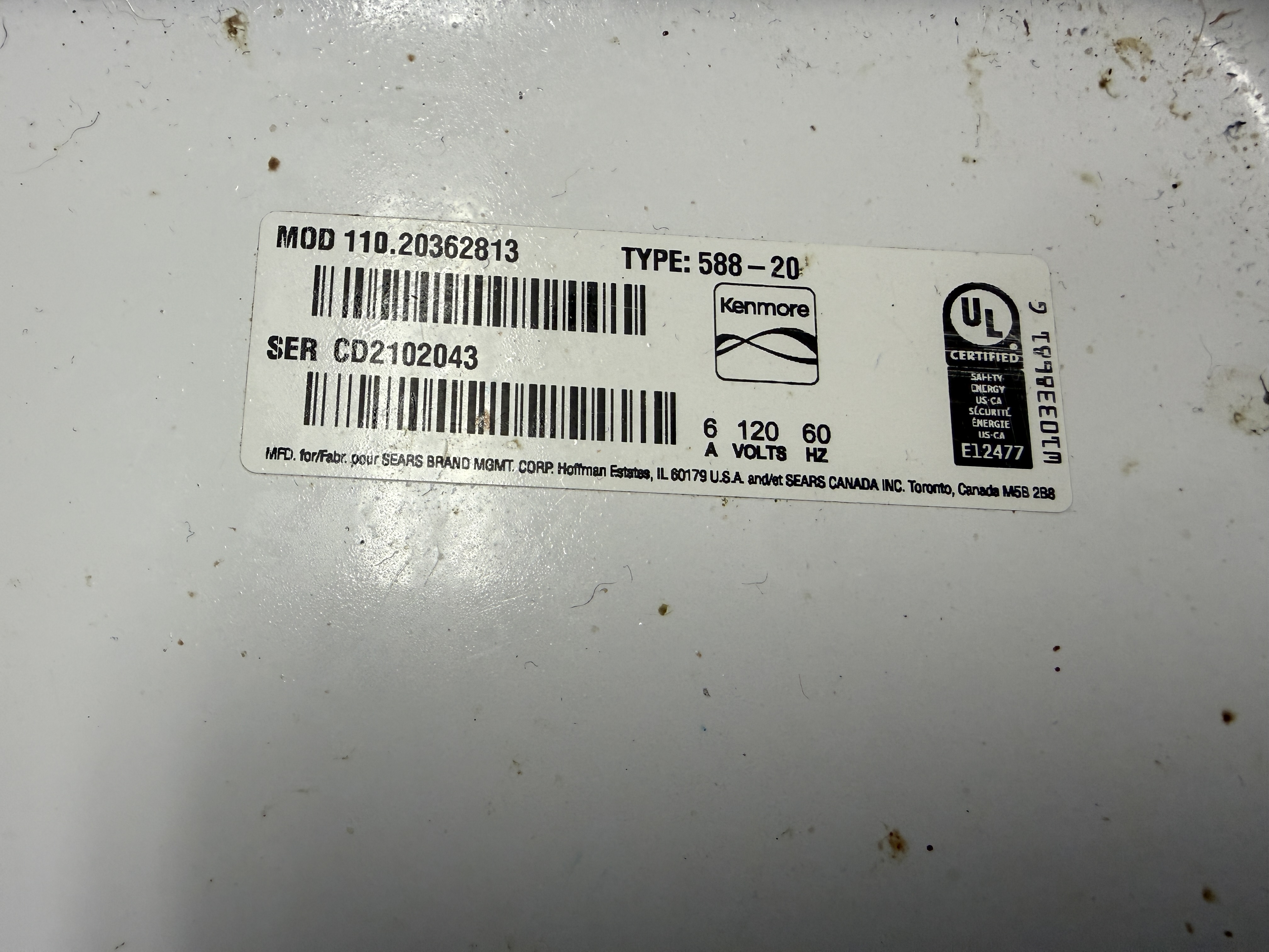 Kenmore model and serial tag, model 110.20362813