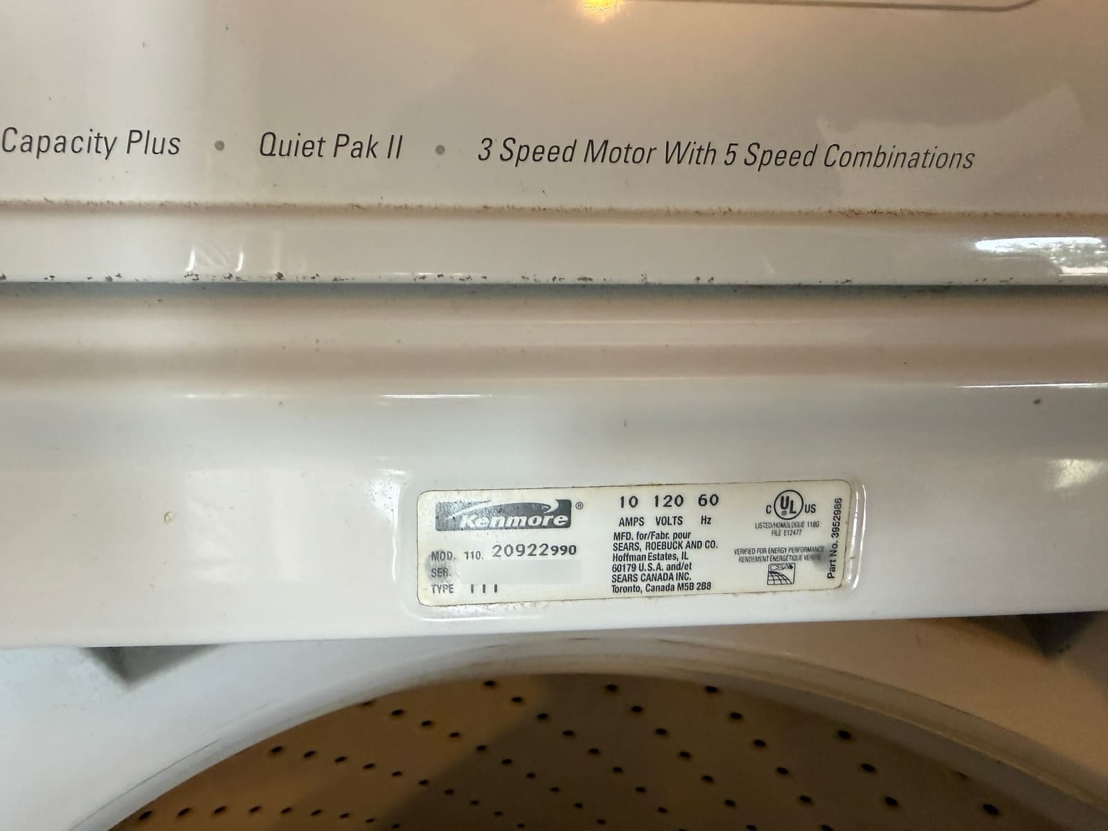 Kenmore washer data plate showing model 110.20922990
