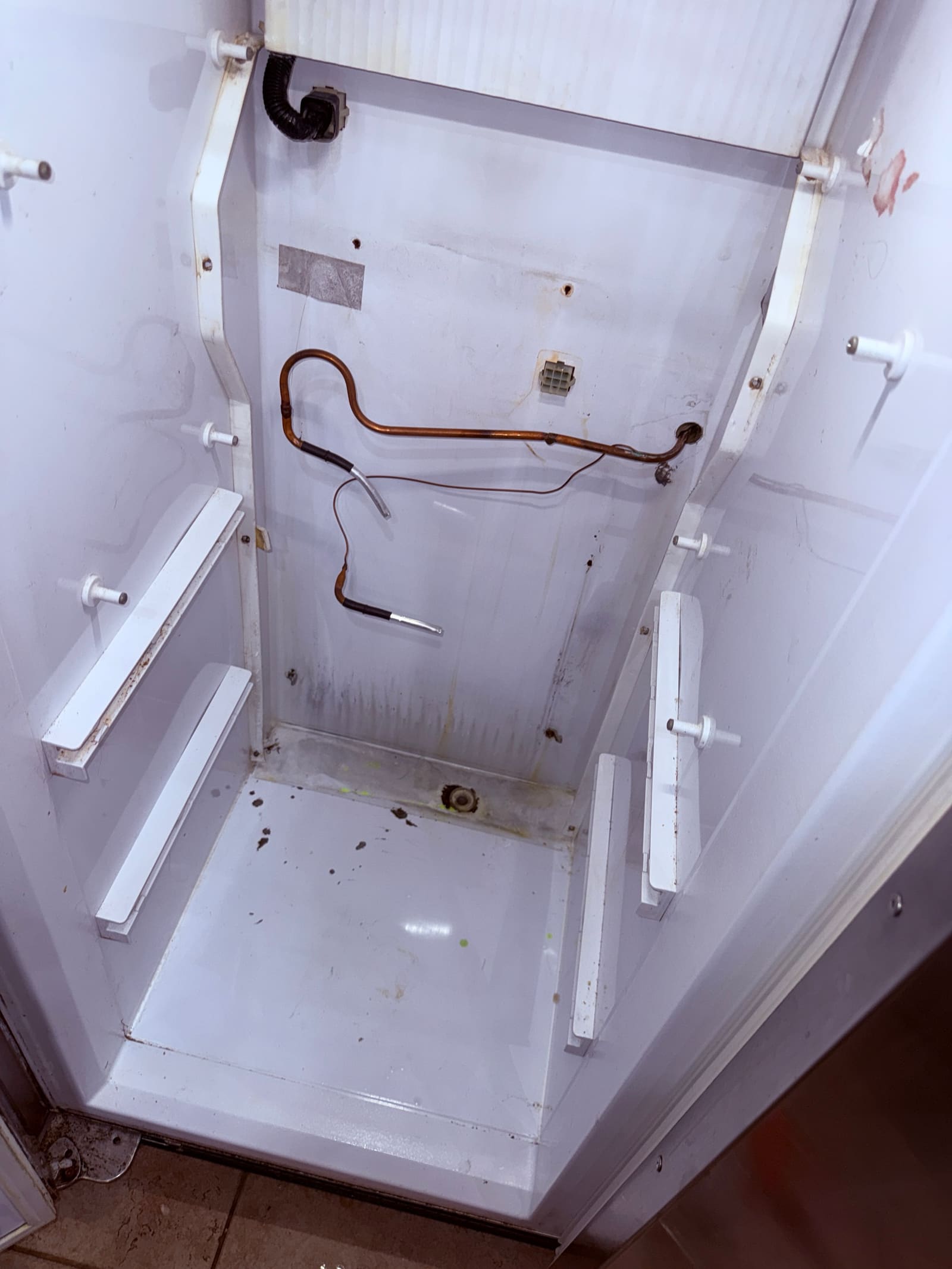Freezer compartment with the old evaporator removed, leaving the copper refrigerant lines exposed