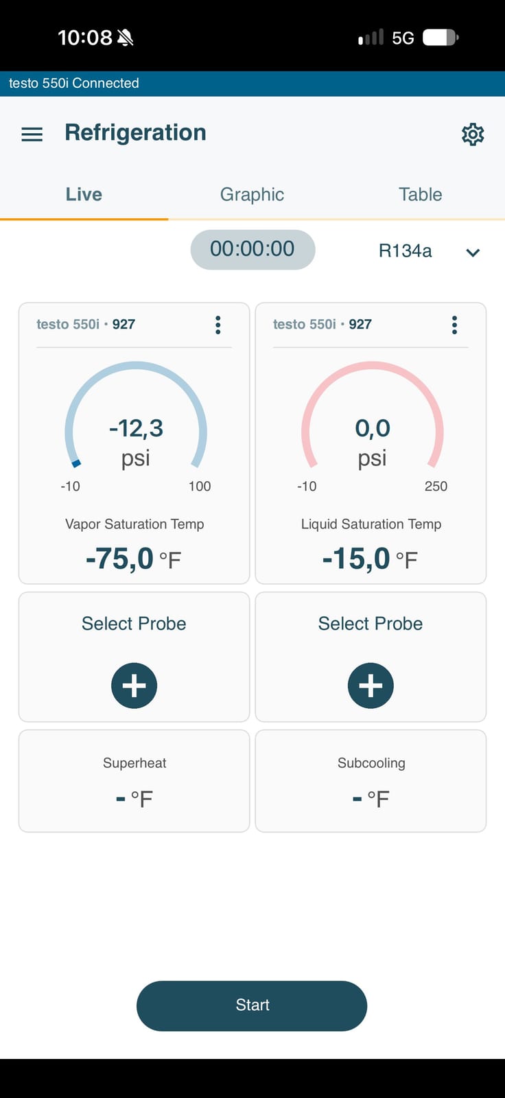 Phone screen showing the digital gauge readings from the refrigerator's service ports, with both sides reading at or below zero psi
