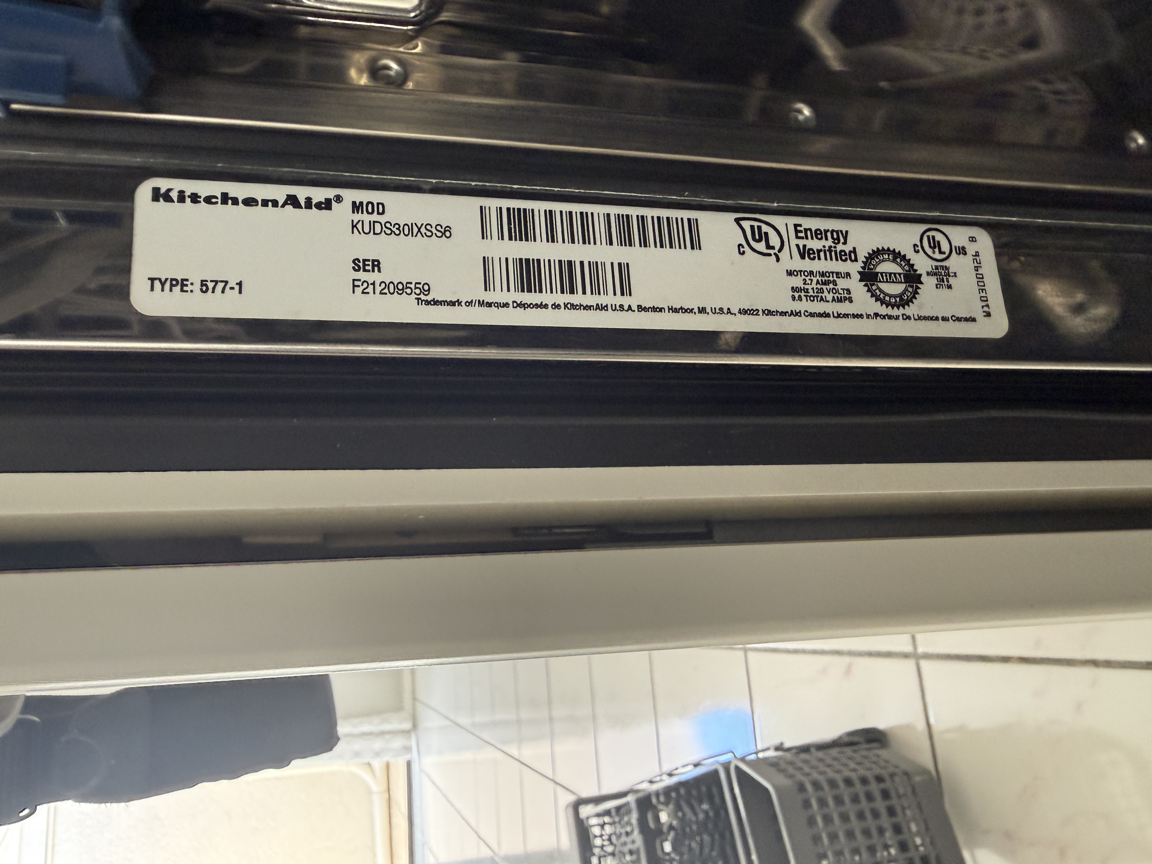 KitchenAid model and serial tag, model KUDS30IXSS6
