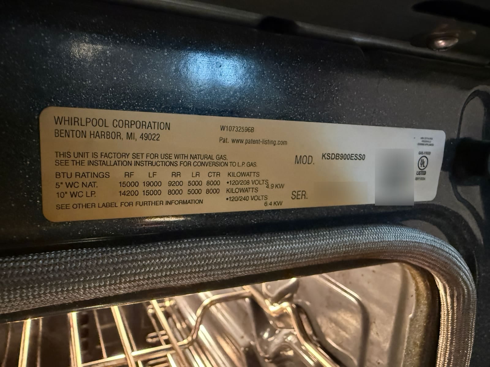 KitchenAid range data plate inside the oven frame showing model KSDB900ESS0