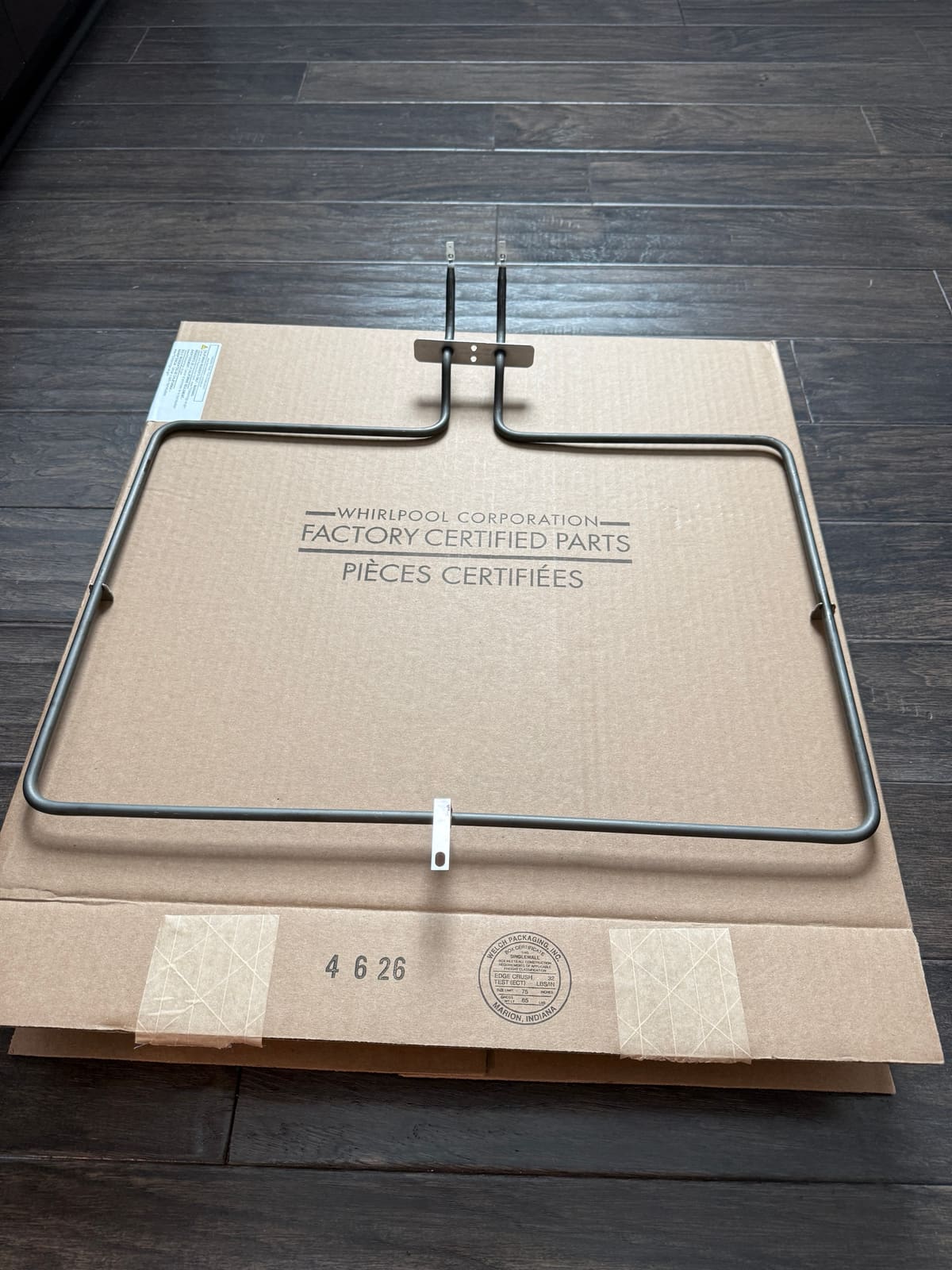 New Whirlpool factory certified bake element on its shipping box