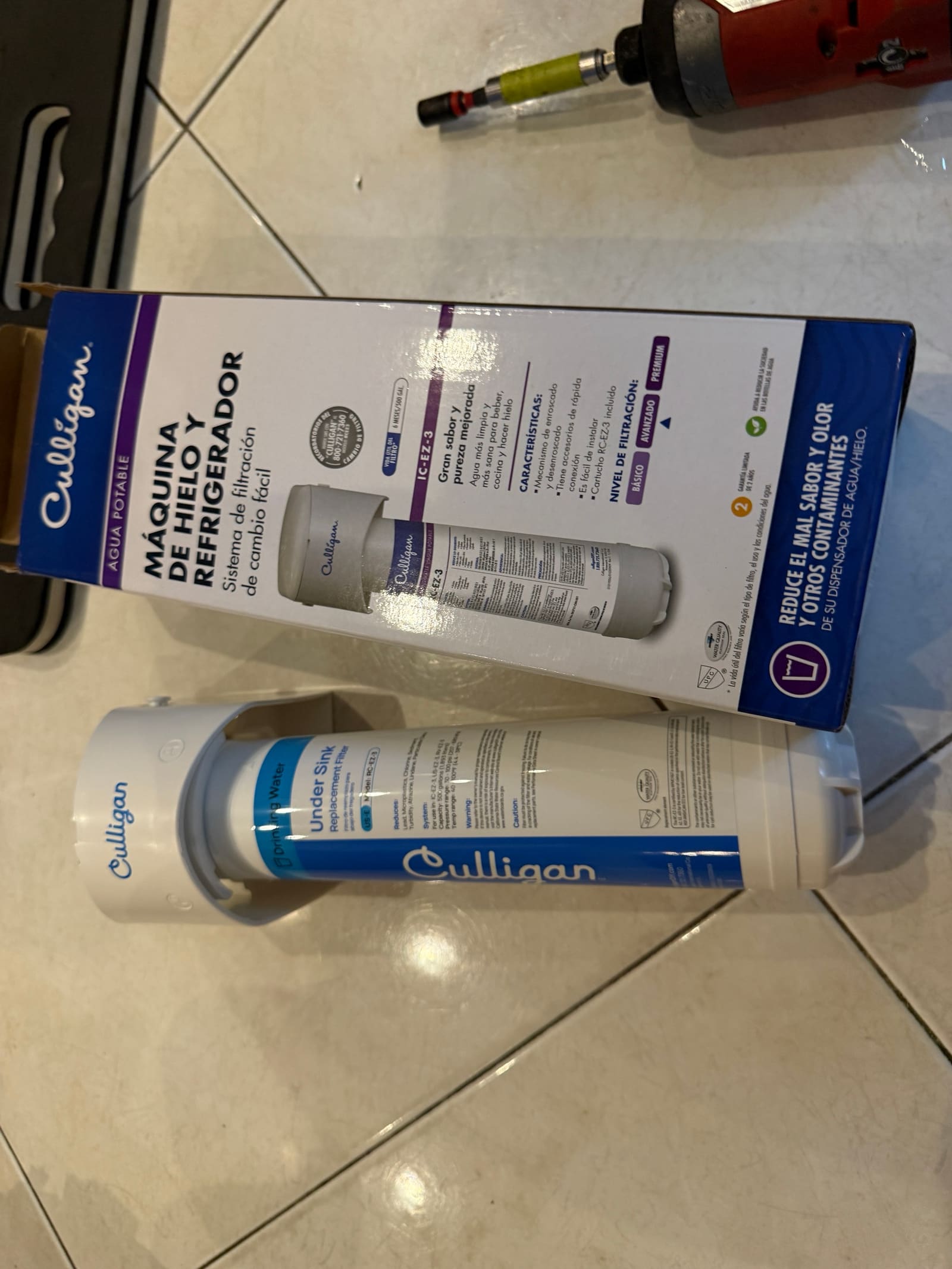 New Culligan under-sink filtration system installed for the refrigerator's water and ice supply