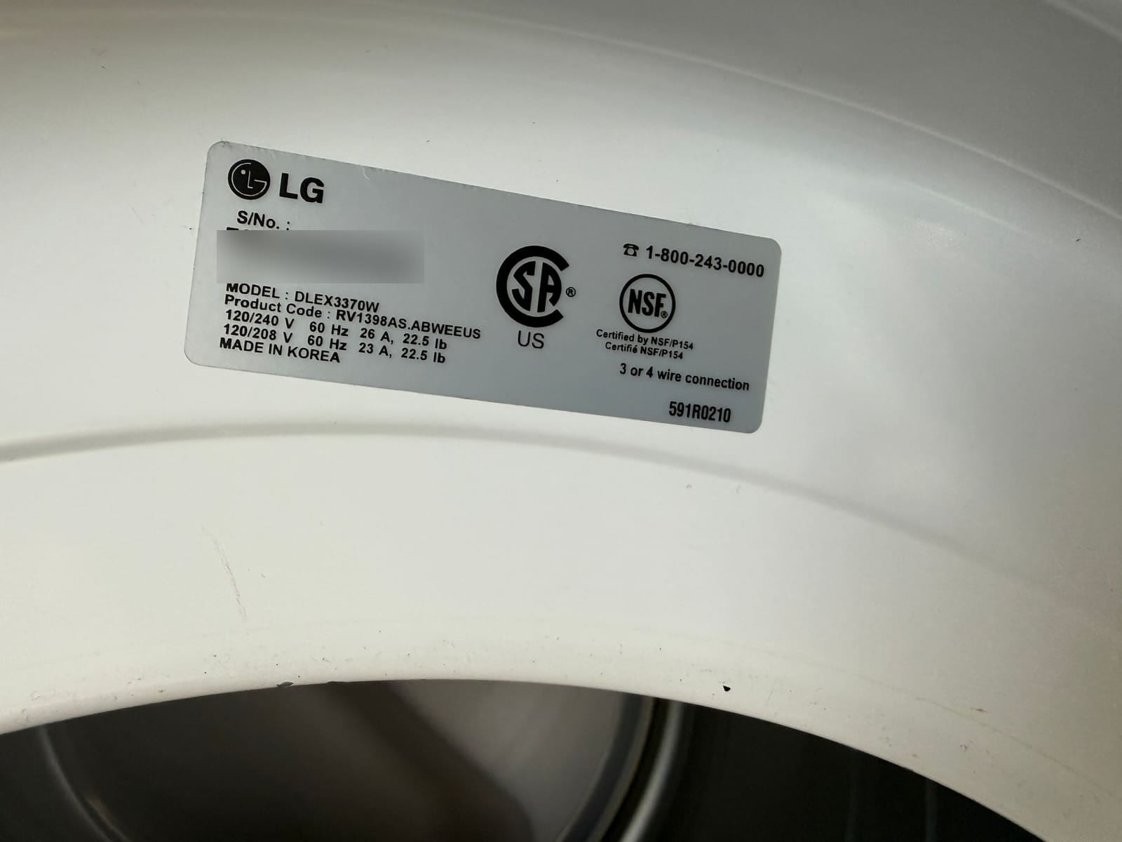 LG dryer data plate showing model DLEX3370W