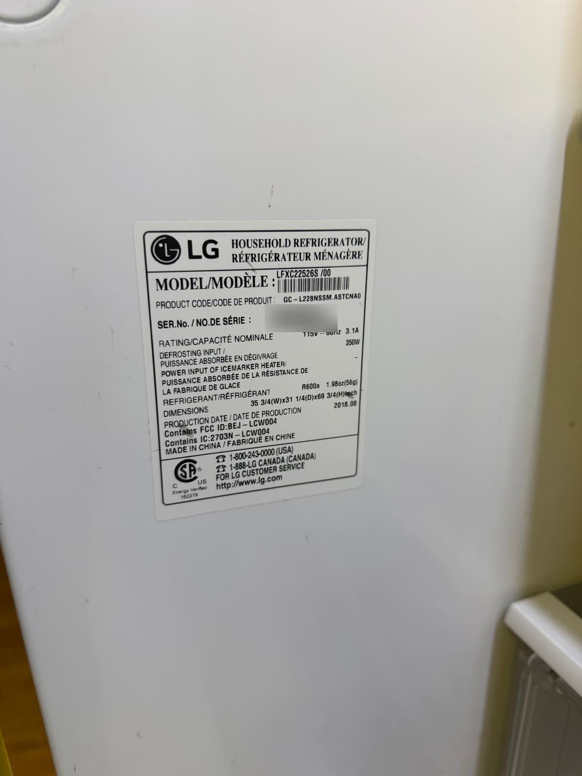 LG data plate showing model LFXC22526S, production date August 2018
