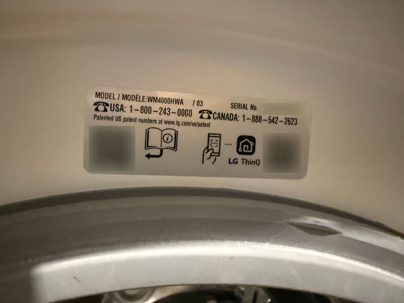 LG washer data plate showing model WM4000HWA