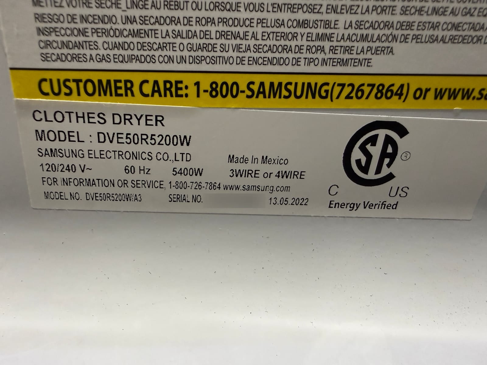 Samsung clothes dryer data plate showing model DVE50R5200W
