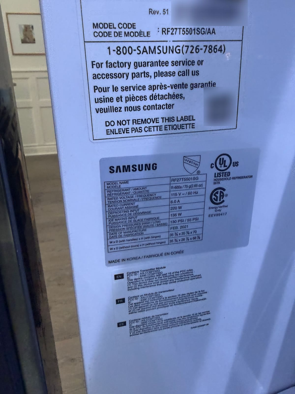 Samsung refrigerator labels showing model RF27T5501SG