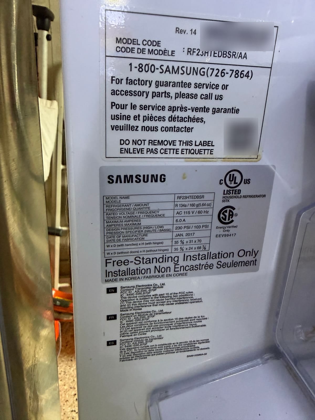 Samsung refrigerator labels showing model RF23HTEDBSR, manufactured January 2017