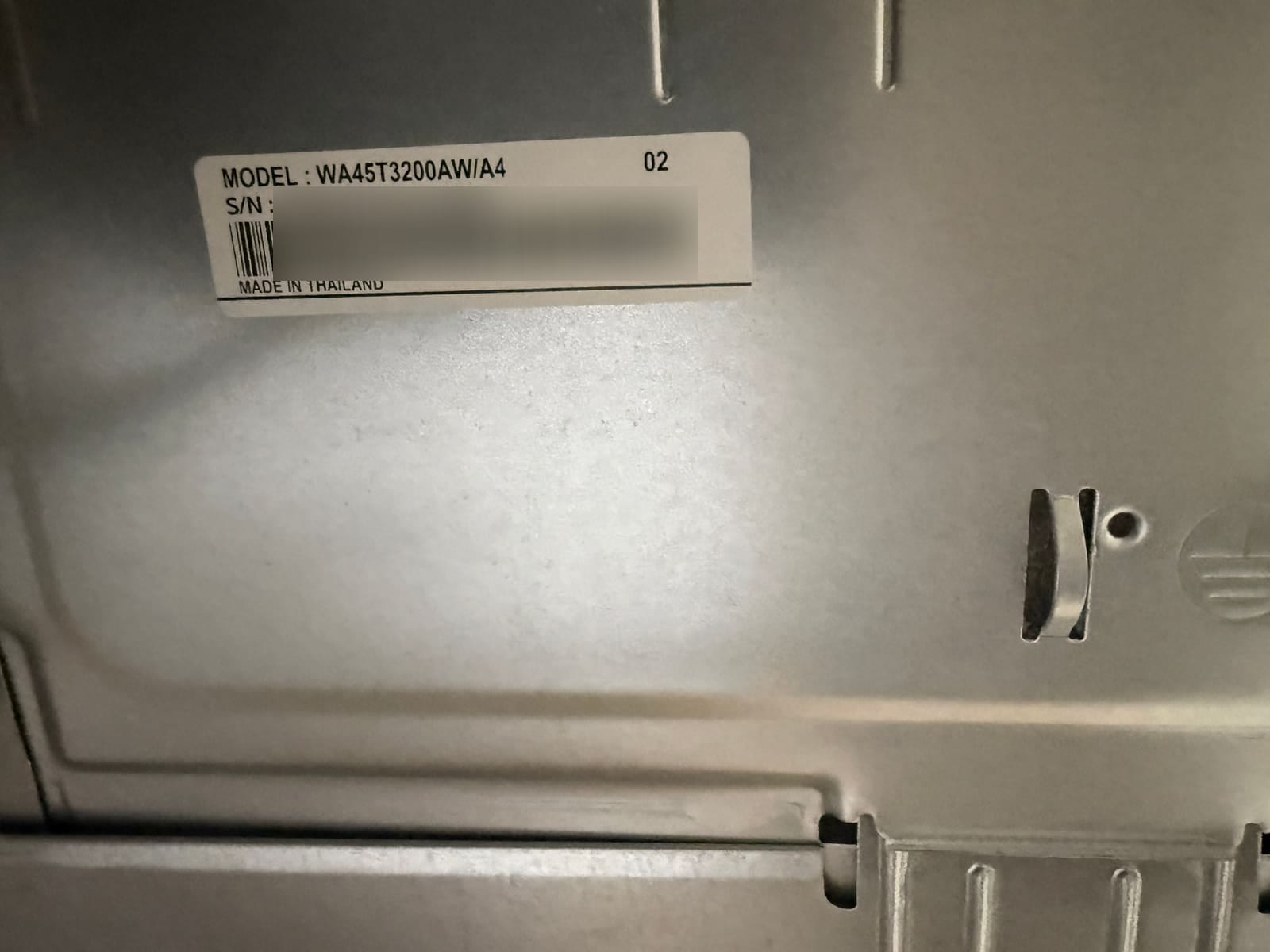 Samsung washer data plate showing model WA45T3200AW