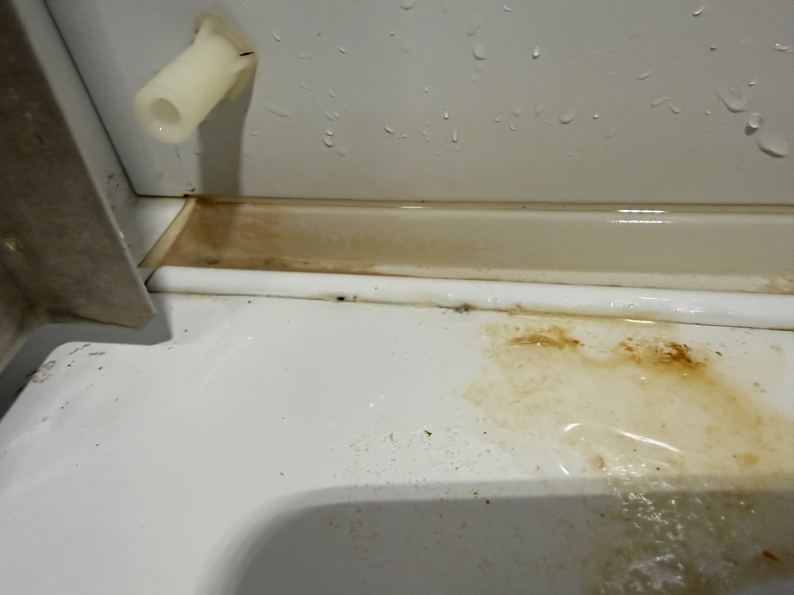 Rust-colored water trail along the drain trough inside the Sub-Zero refrigerator compartment
