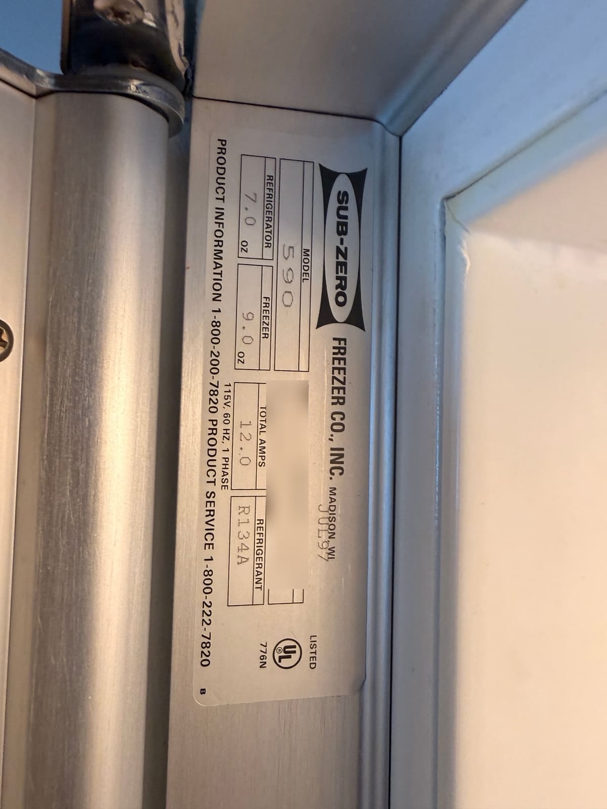 Sub-Zero data plate showing model 590, manufactured July 1997
