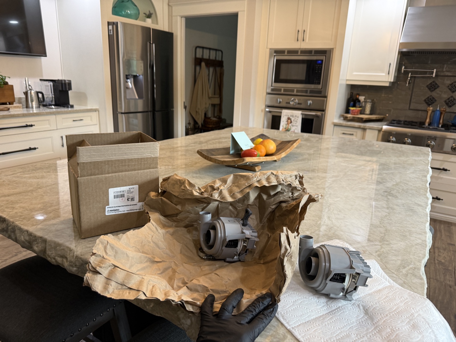 Two circulation pump and heater assemblies on the kitchen counter, the old one and its replacement