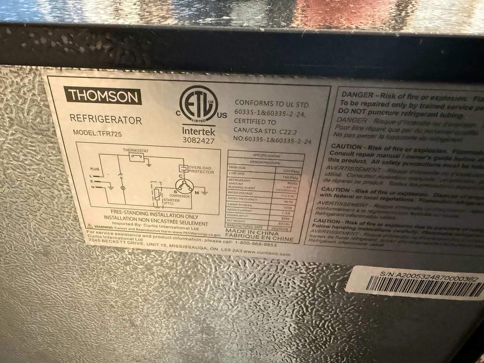 Thomson mini fridge data plate showing model TFR725