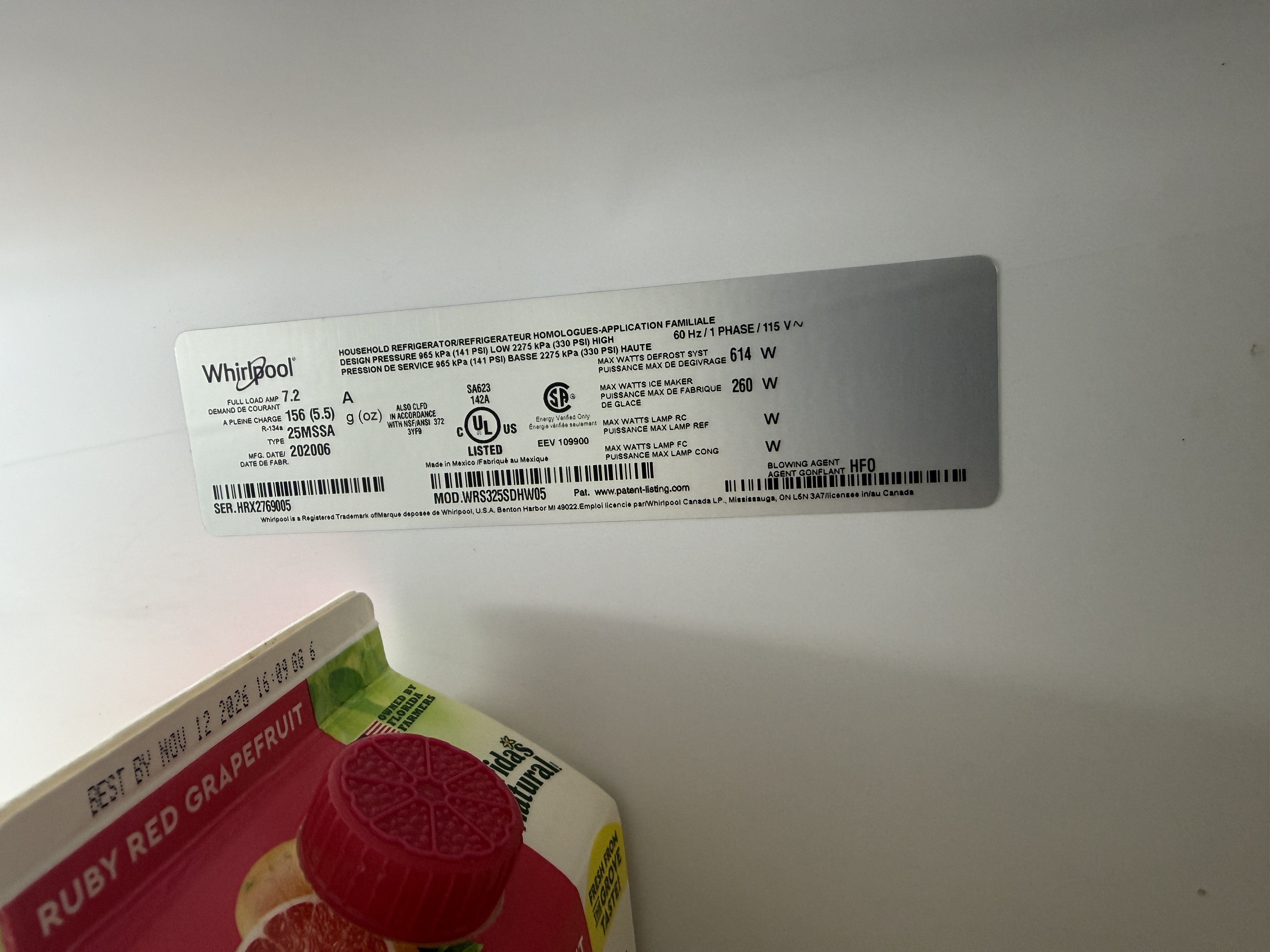 Whirlpool model and serial tag, model WRS325SDHW05