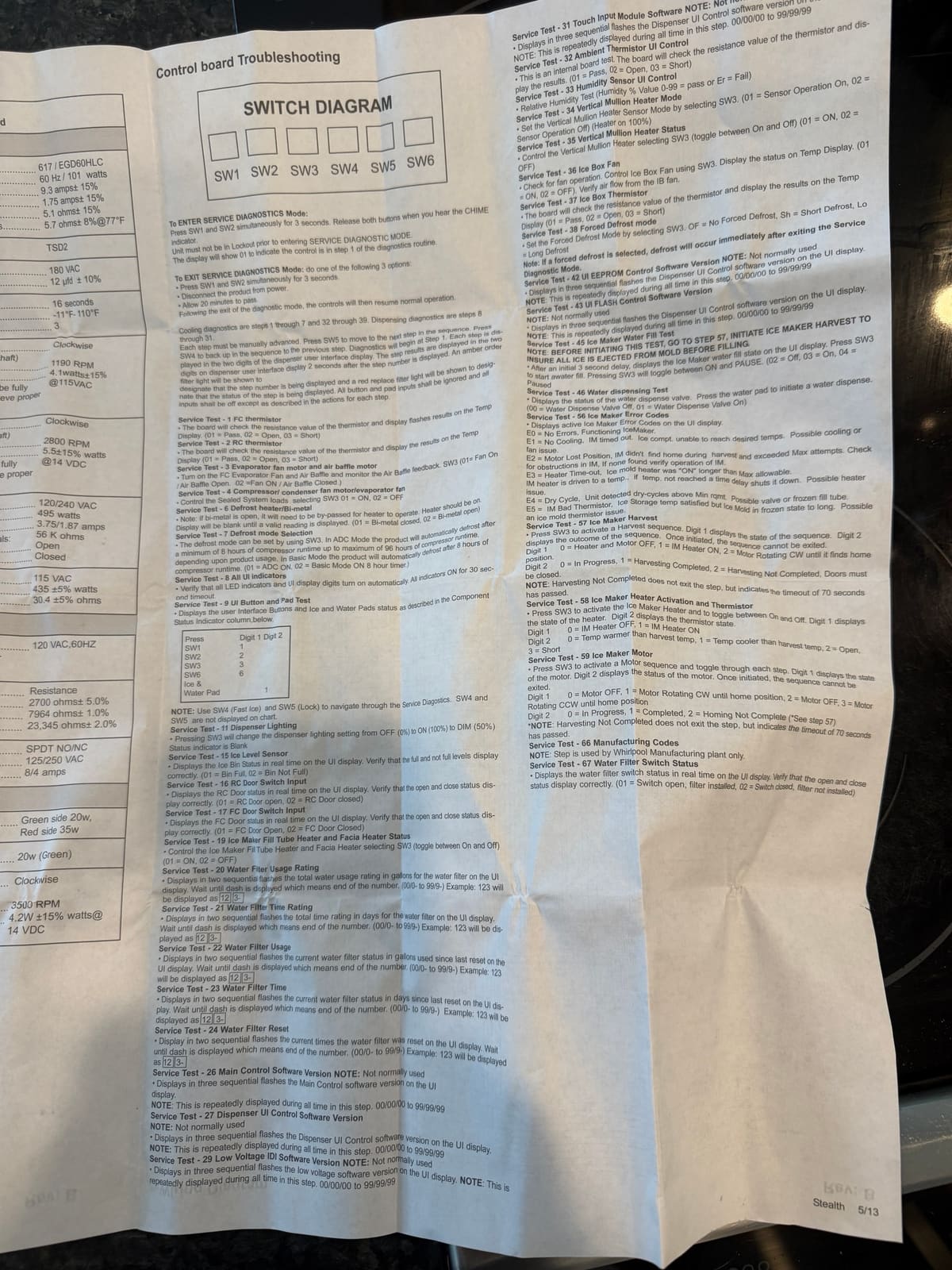 Whirlpool WRF736SDAM tech sheet with the service diagnostic test list