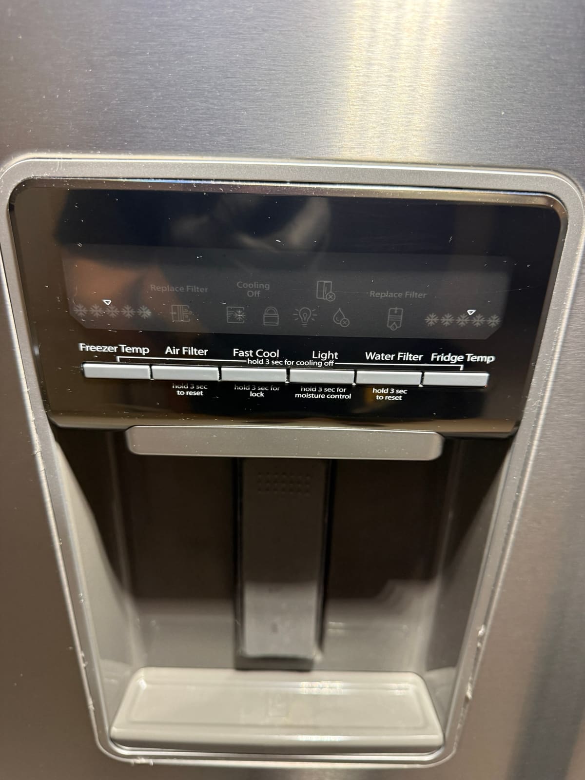 Whirlpool refrigerator dispenser control panel with freezer and fridge temperature settings