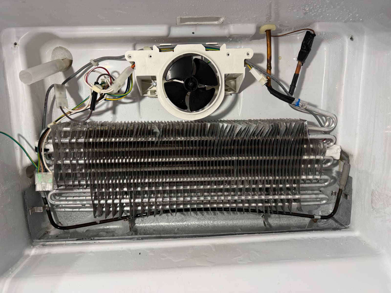 The same Whirlpool evaporator coil after a full defrost, with clean fins and the defrost heater along the bottom