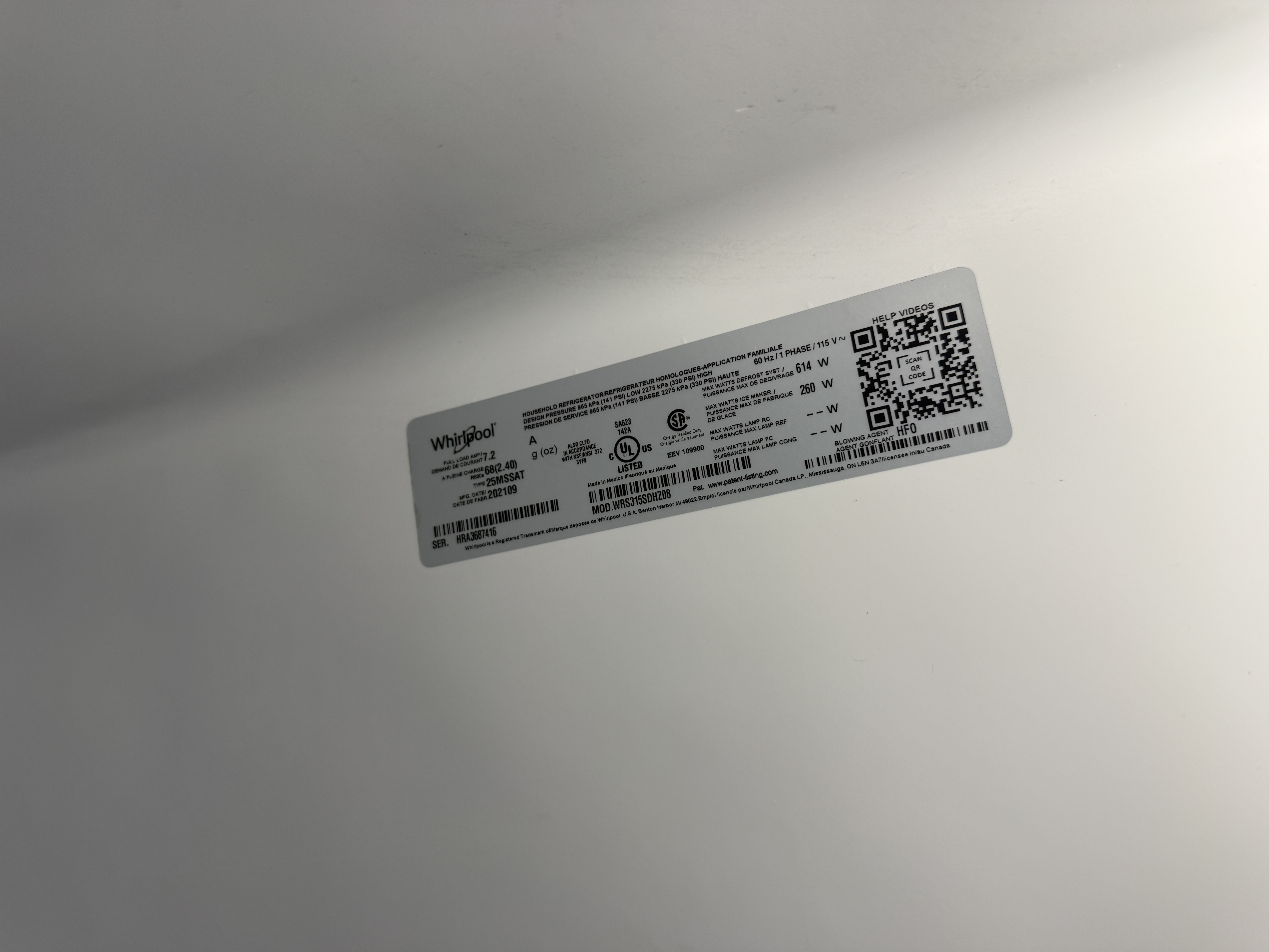 Whirlpool model and serial tag, model WRS315SDHZ08