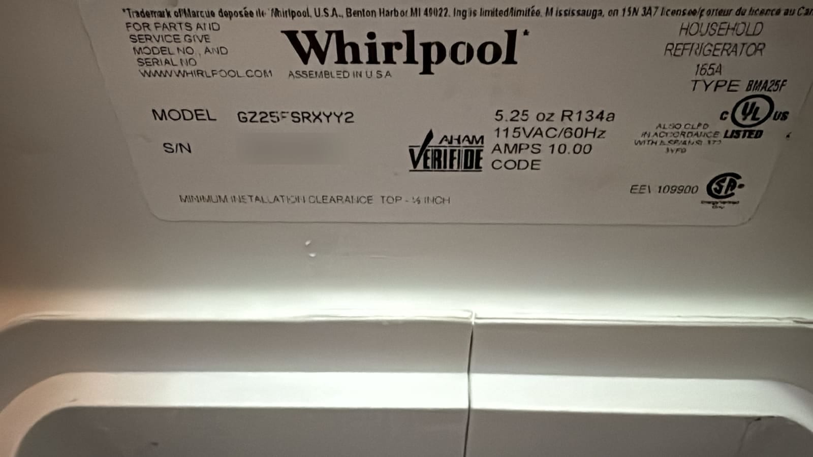 Whirlpool refrigerator data plate showing model GZ25FSRXYY2