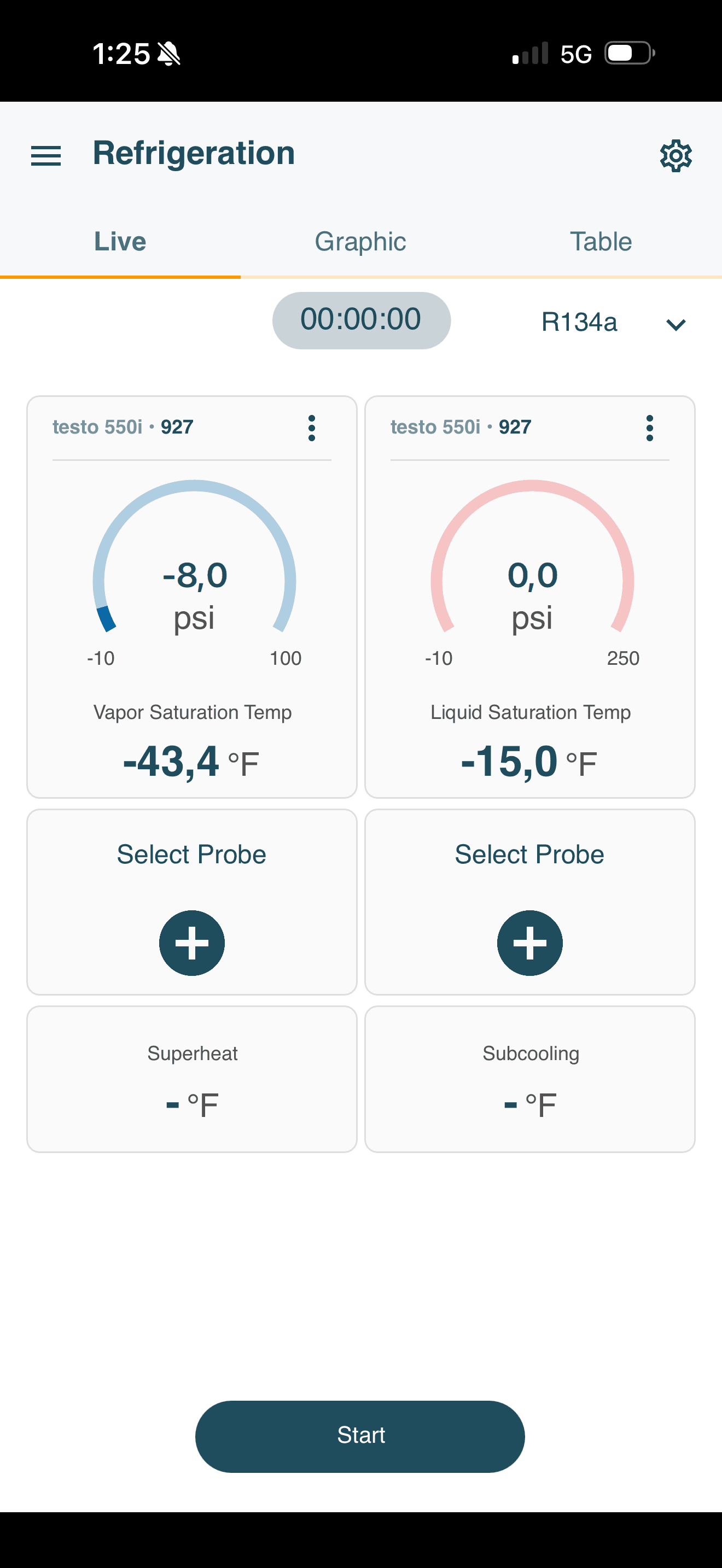 Refrigeration gauge app showing a vacuum reading on the low side of the sealed system